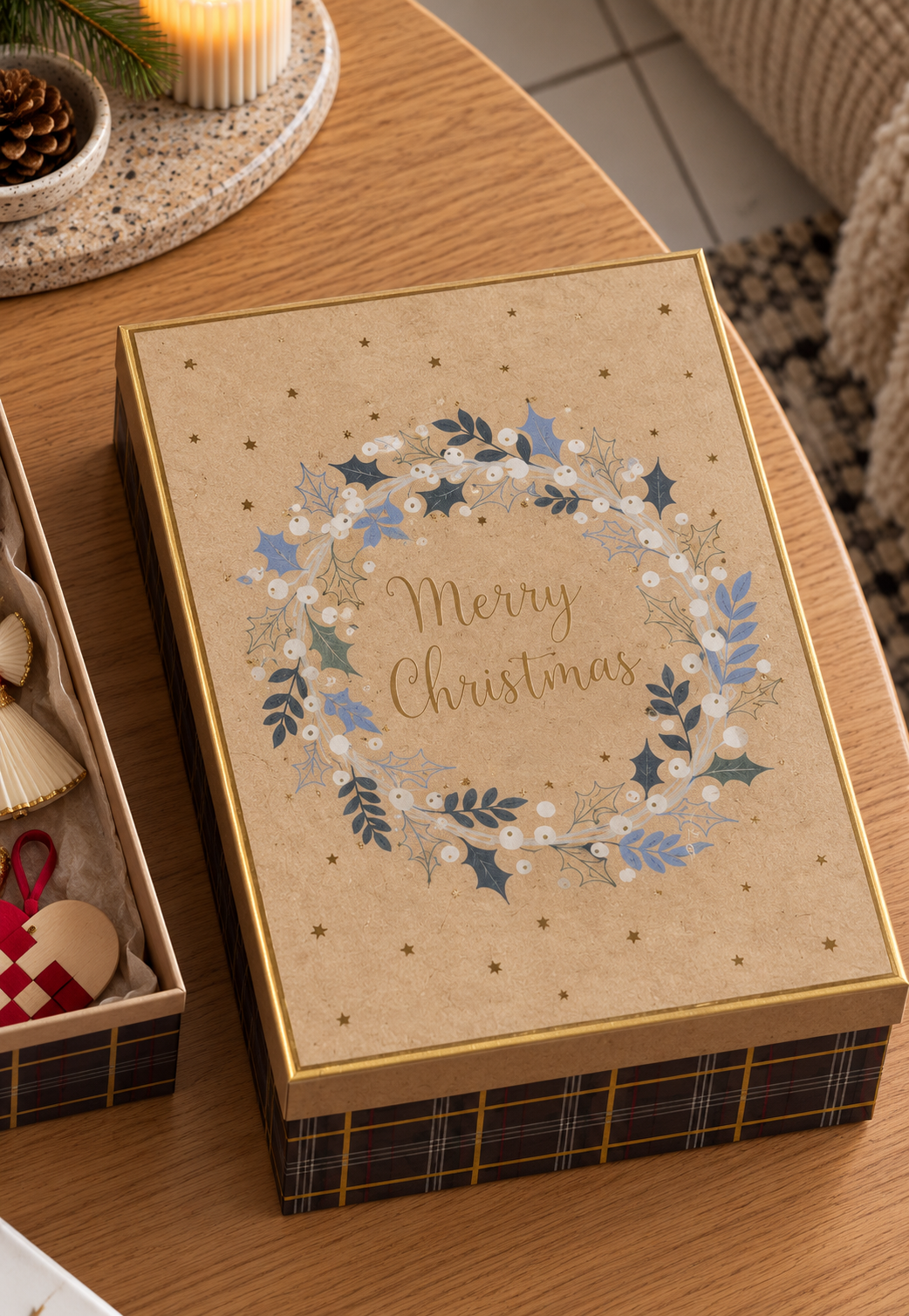 Cadeaudoos met krans – kerstcadeaudoos