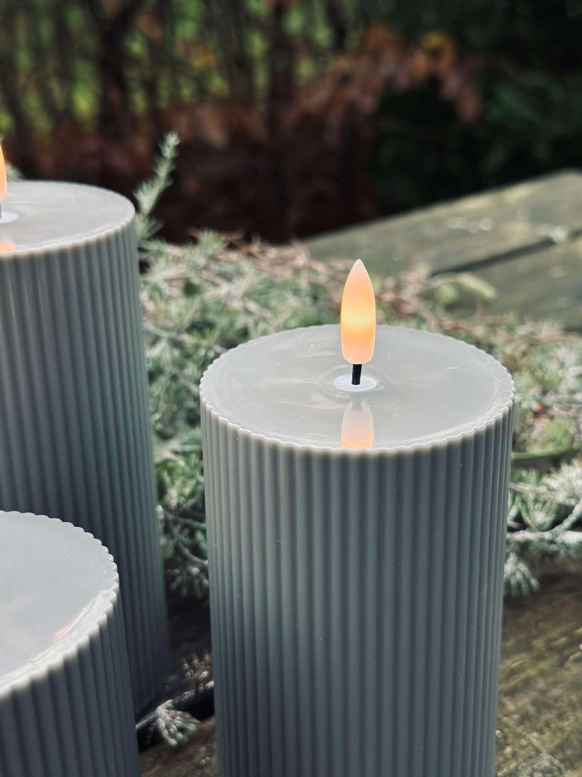 LED buiten stompkaarsen met groeven - Set van 3 stuks - Grijs
