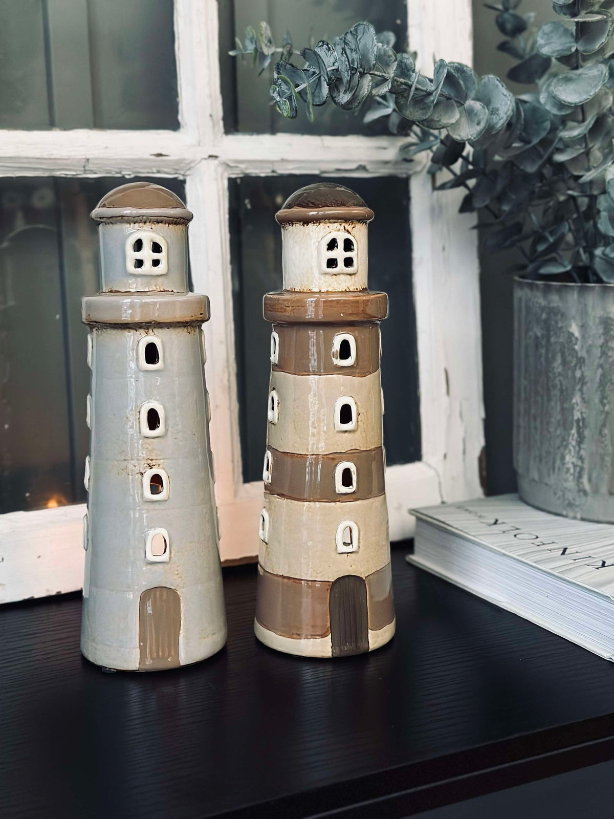 Lichthuis Keramiek - Vuurtoren Beige streep