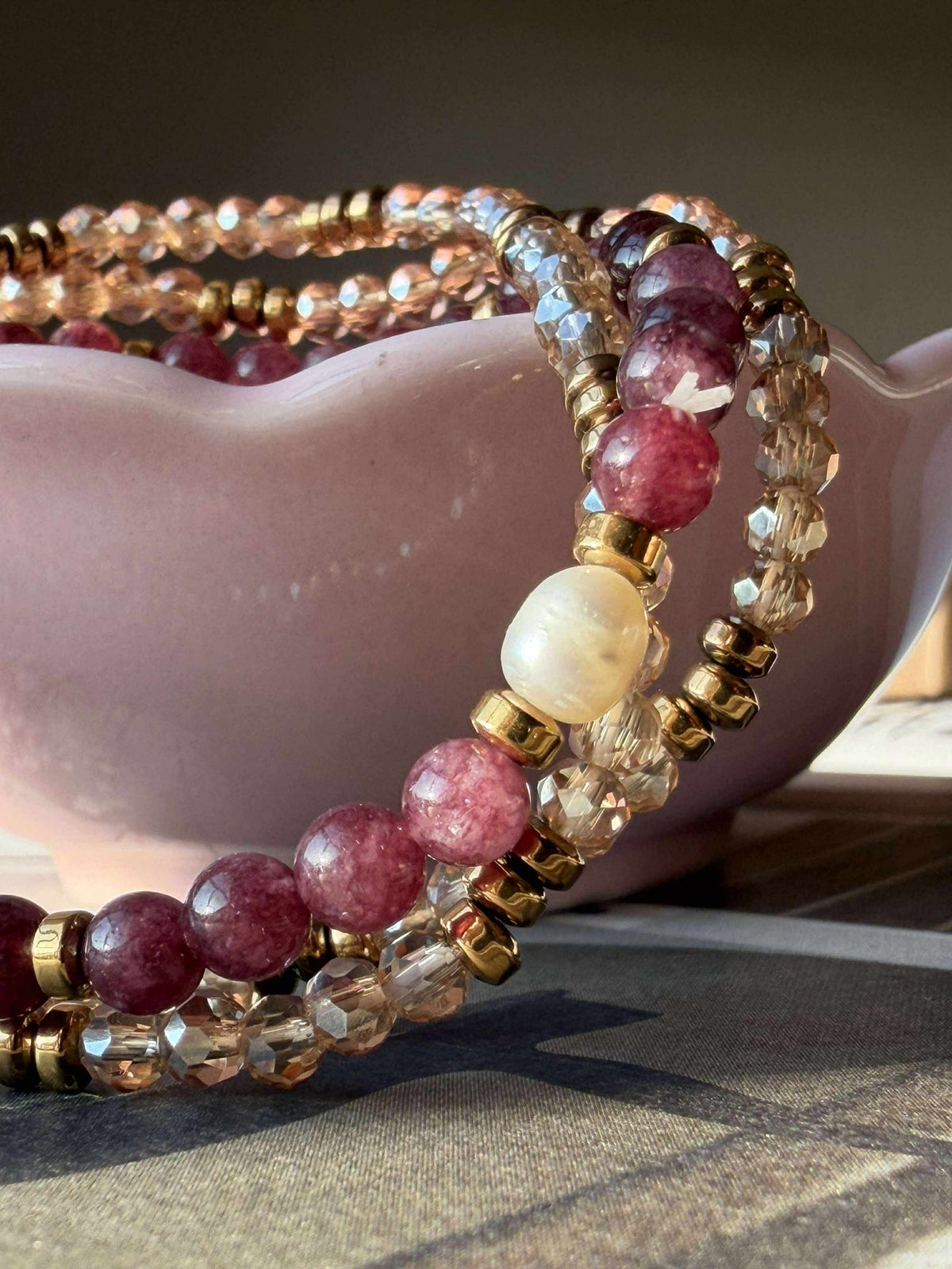 Armband Leah Bordeaux/Naturel – Set van 3 stuks