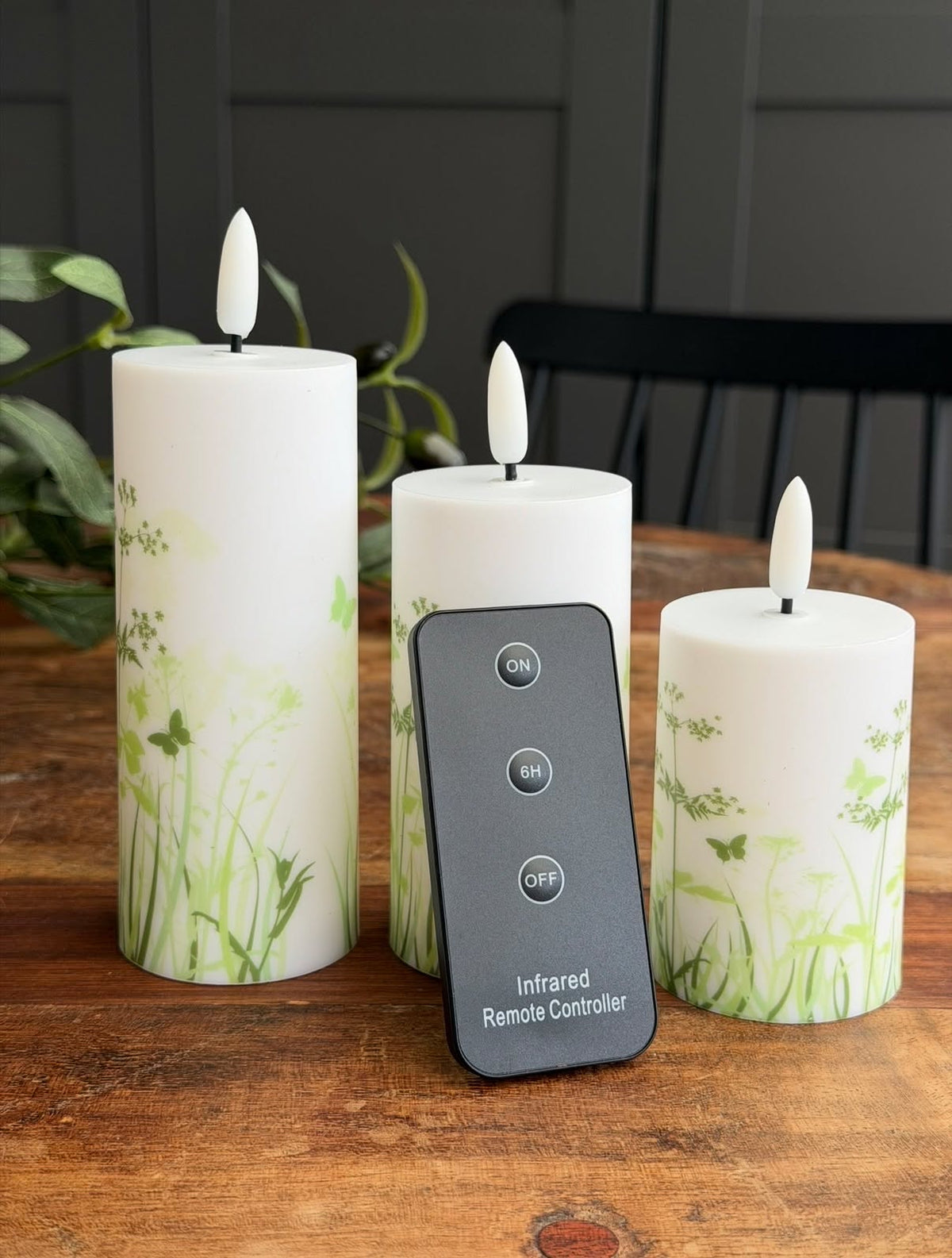 Buiten Blokkaarsen Green Flower - Set van 3 stuks