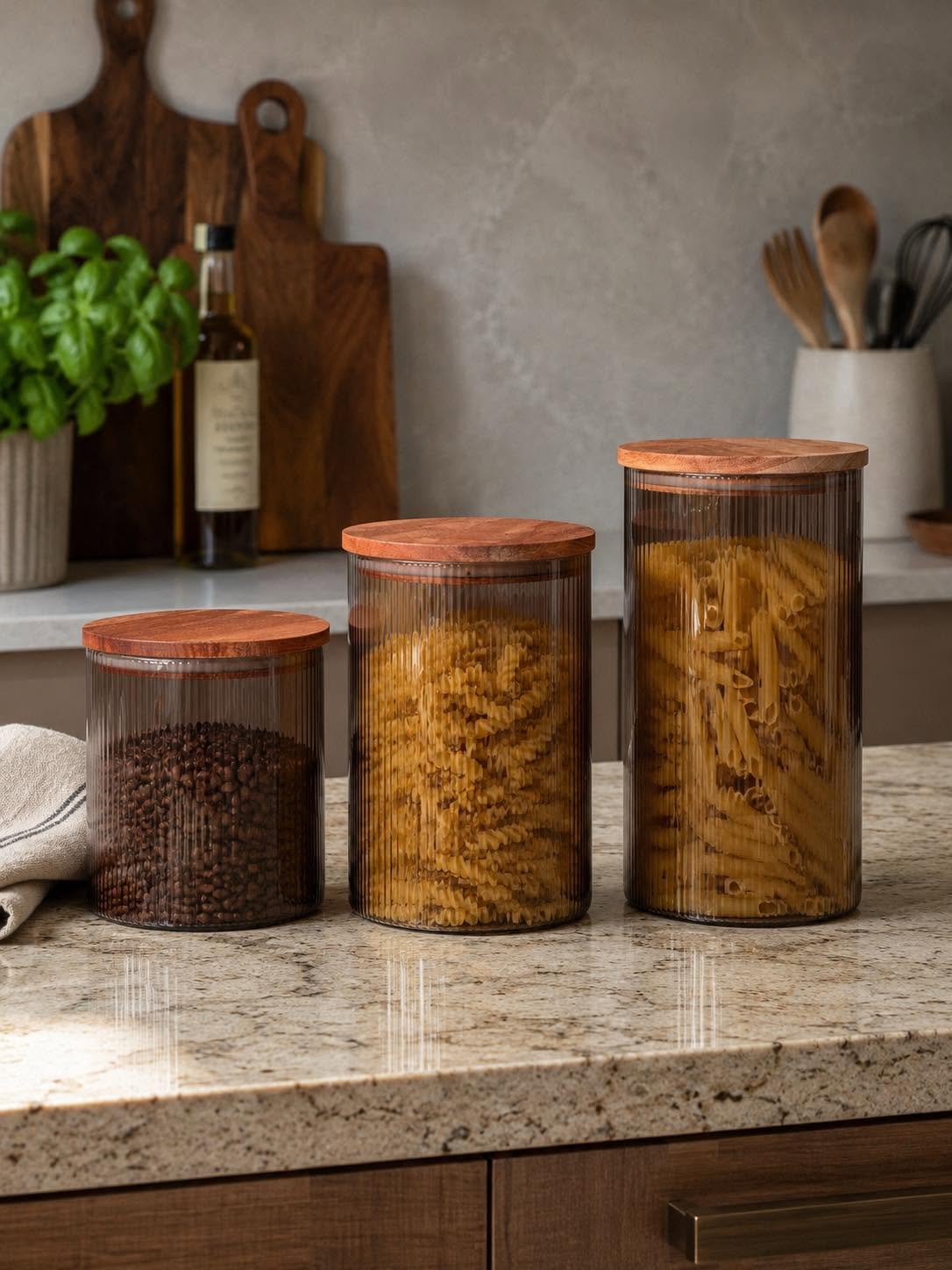 Opbergpotten van glas met houten deksel - Meerdere formaten