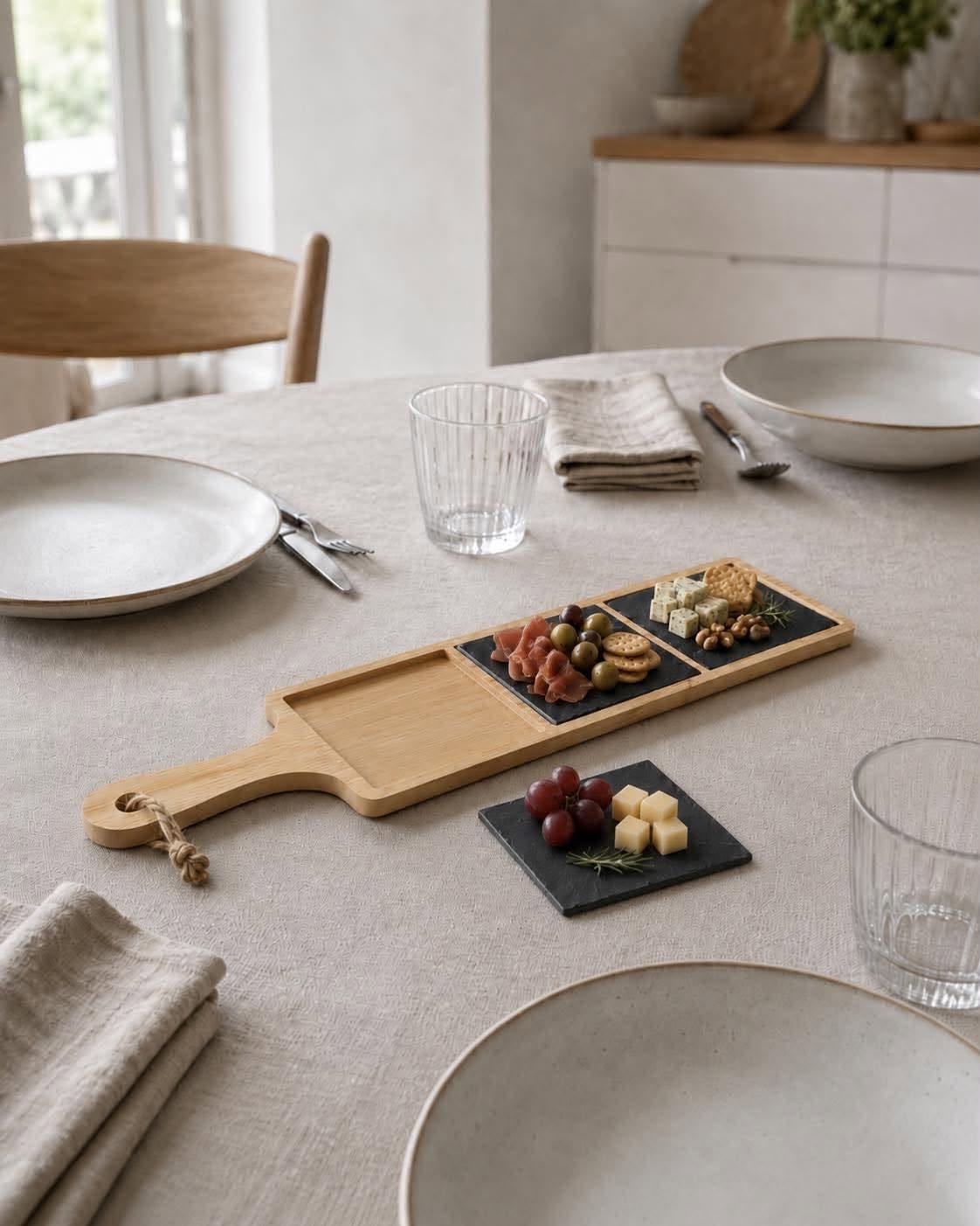 Serveerplank - bamboe en leisteen met handgreep