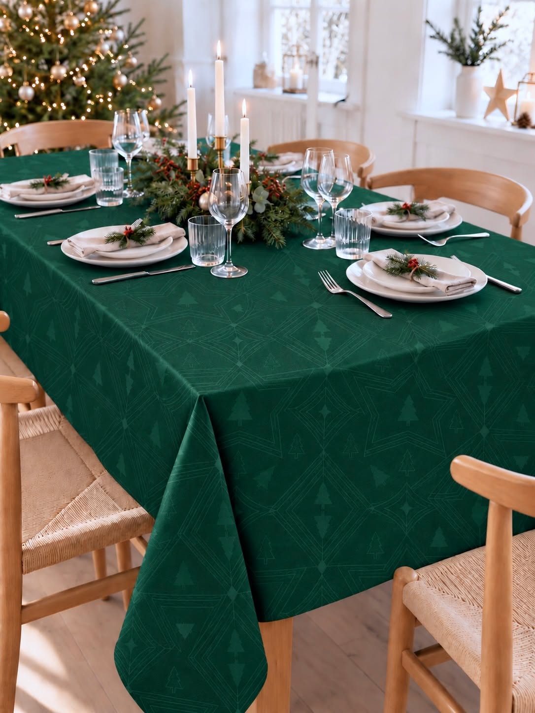Kersttafelkleed Jacquard - Groen 320cm
