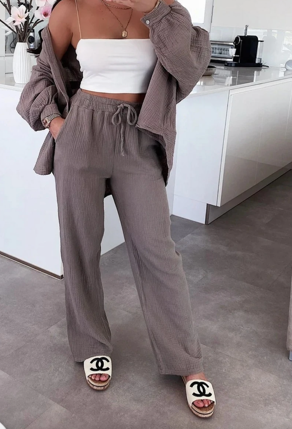 Set met wafelig overhemd en broek - Mocca katoen