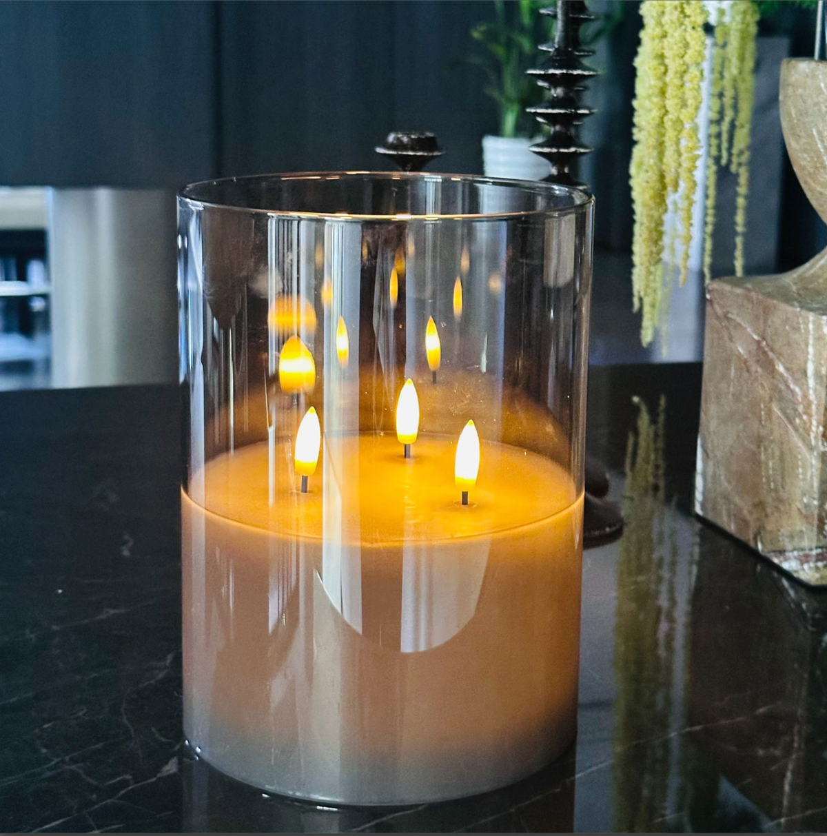 Grote LED blokkaars in glas met 3 wickjes
