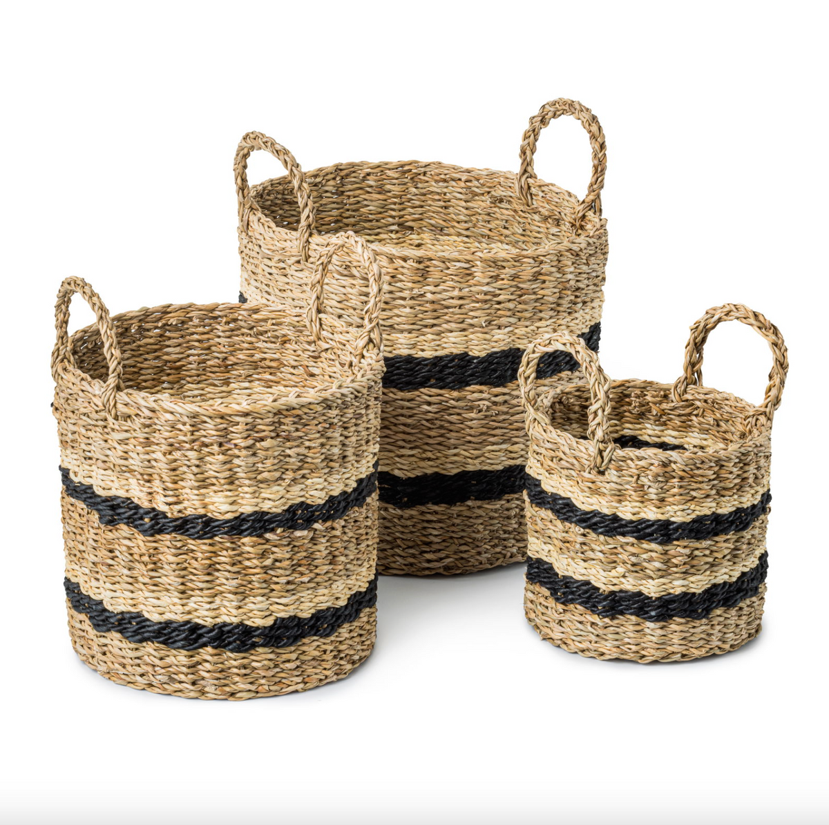 Gevlochten manden van zeegras met strepen - Set van 3