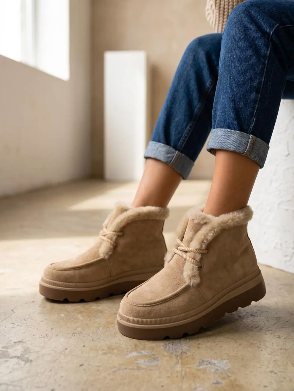Enkellaarsjes winter kaki/beige