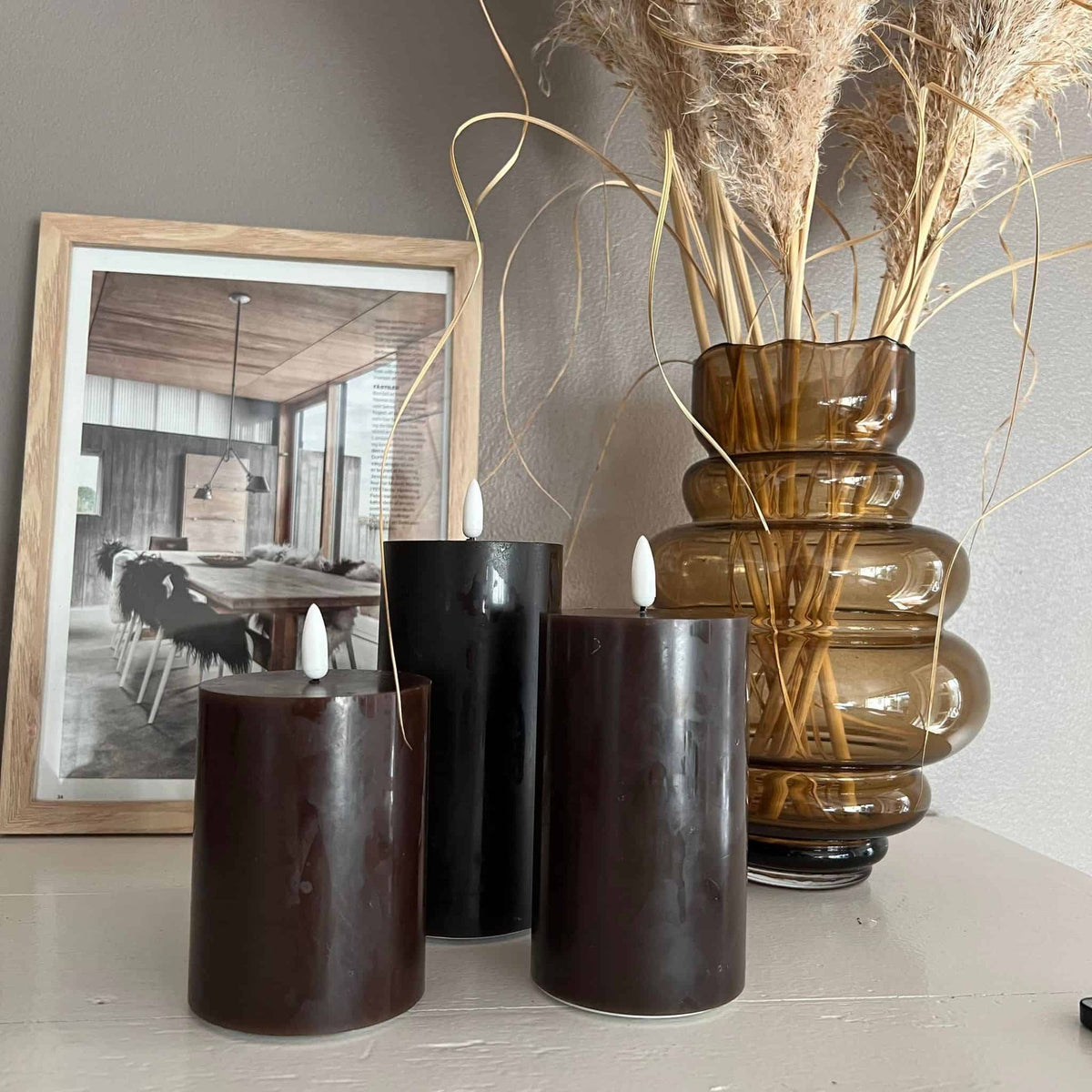 LED Bloklys / Brown – 3 stk. Lys – Inkl. fjernbetjening - VIAMAJA.DK