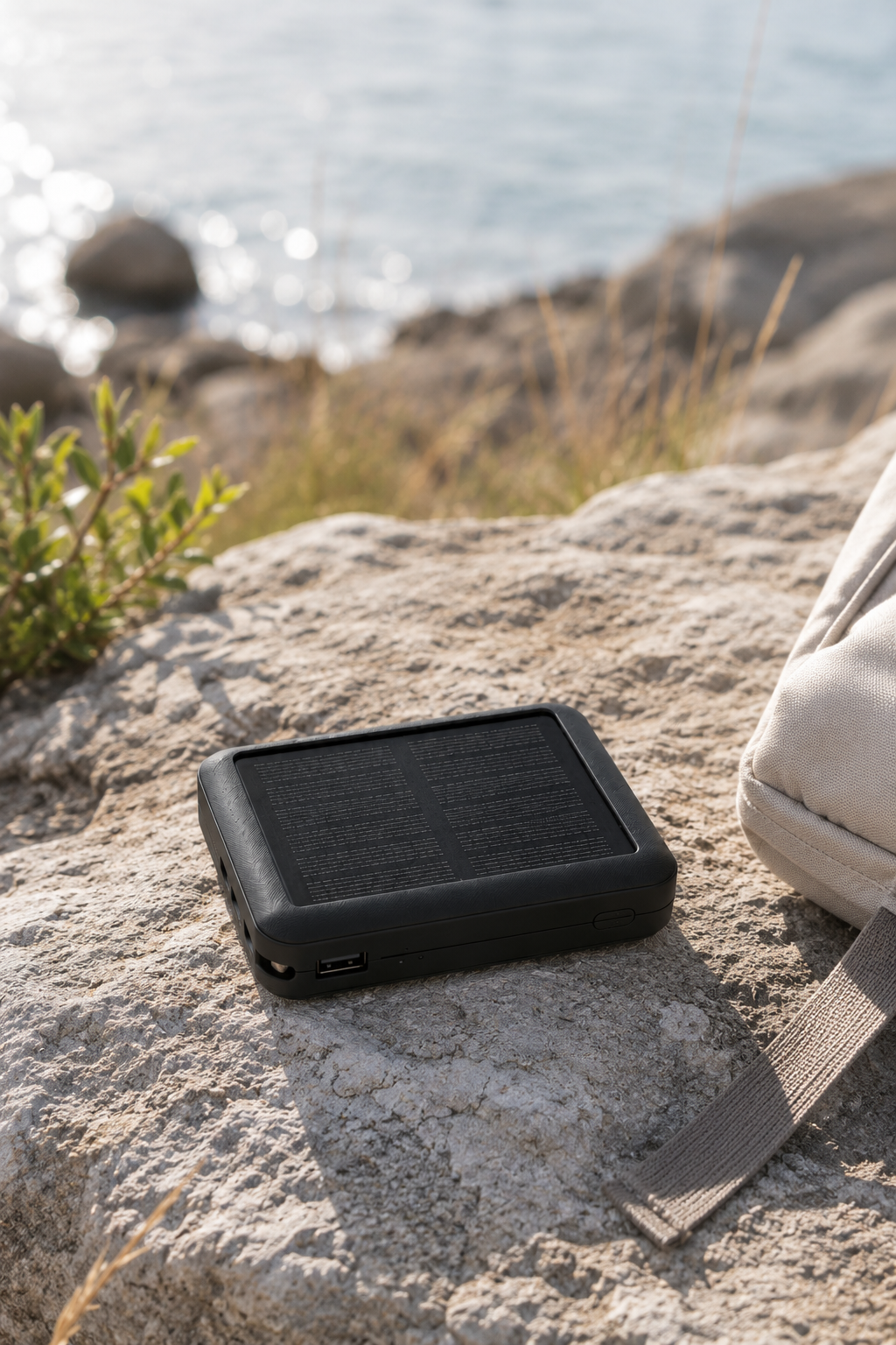 Mini solar powerbank met kabels, 10.000 mAh