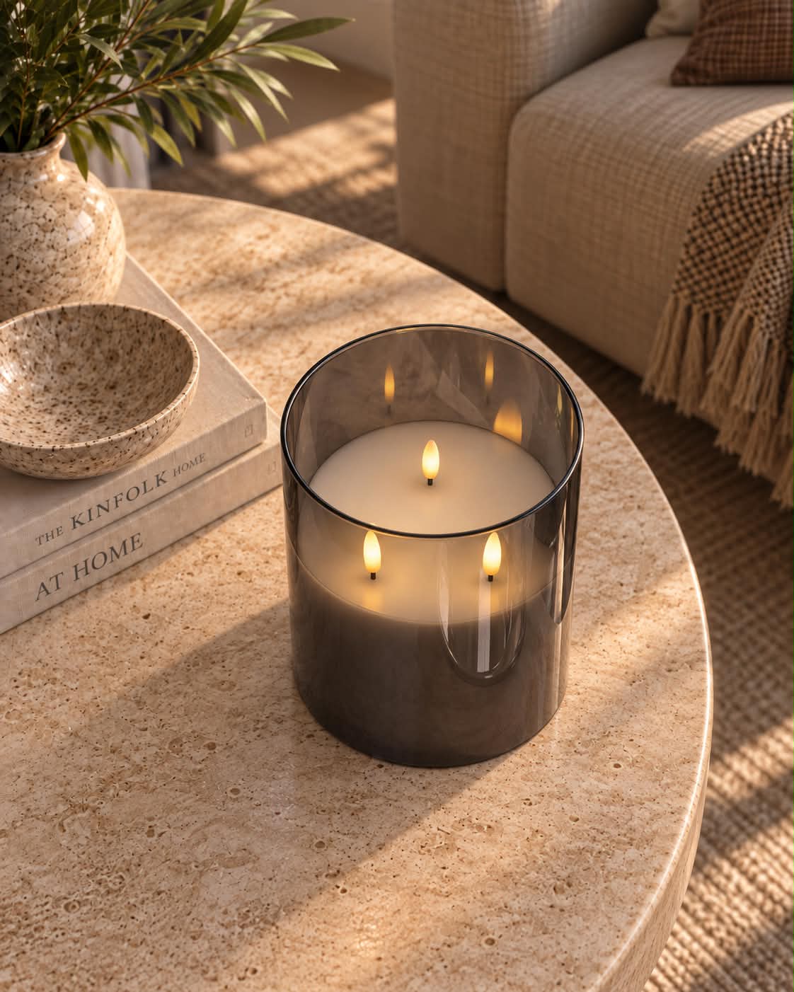Grote LED blokkaars in glas met 3 wickjes