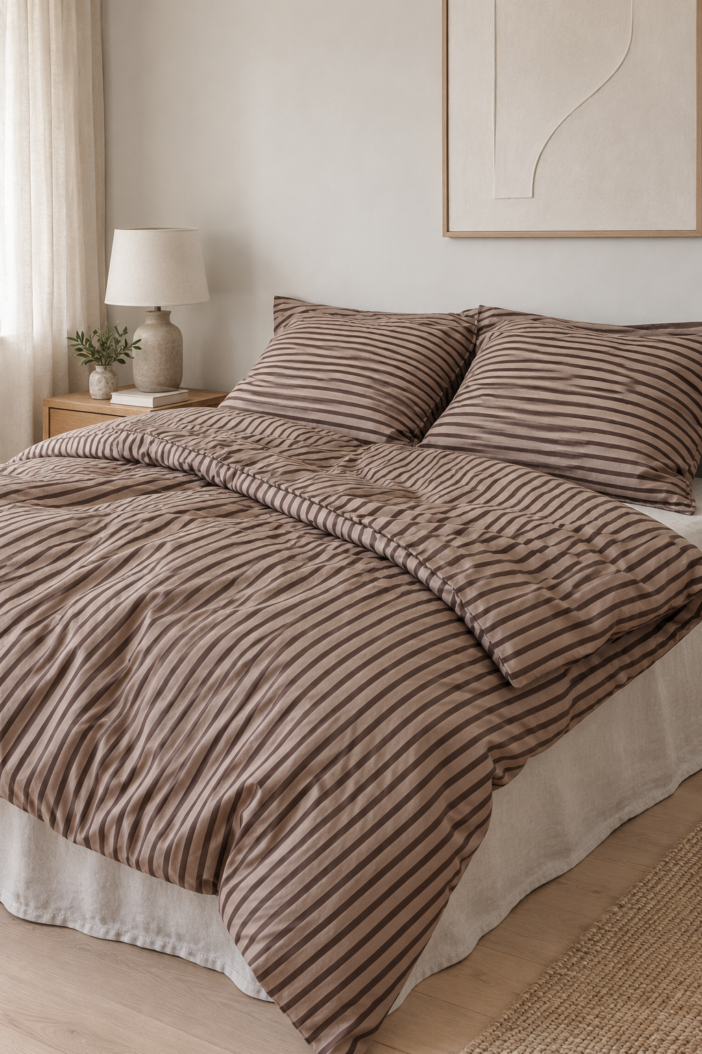 Gestreept beddengoed beige streep  140x200