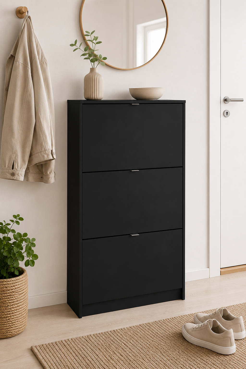 Schoenenkast met 3 klapdeuren en 2 planken - Black
