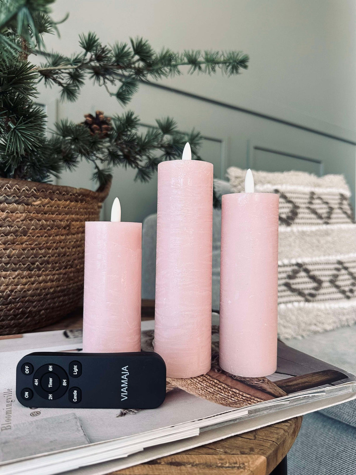 LED Blokkaarsen / Roze – 3 stuks Rustiek dia 5 cm