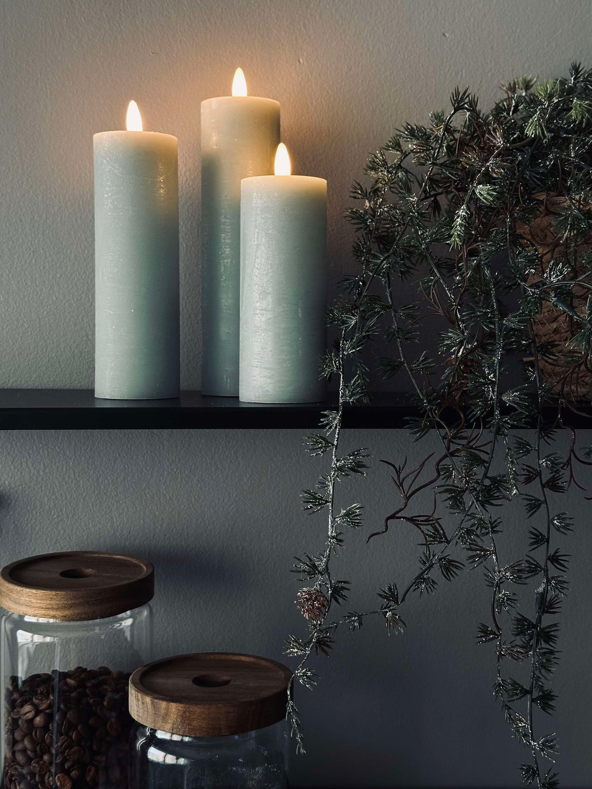 LED Stompkaarsen / Mint – set van 3 rustiek dia 5 cm