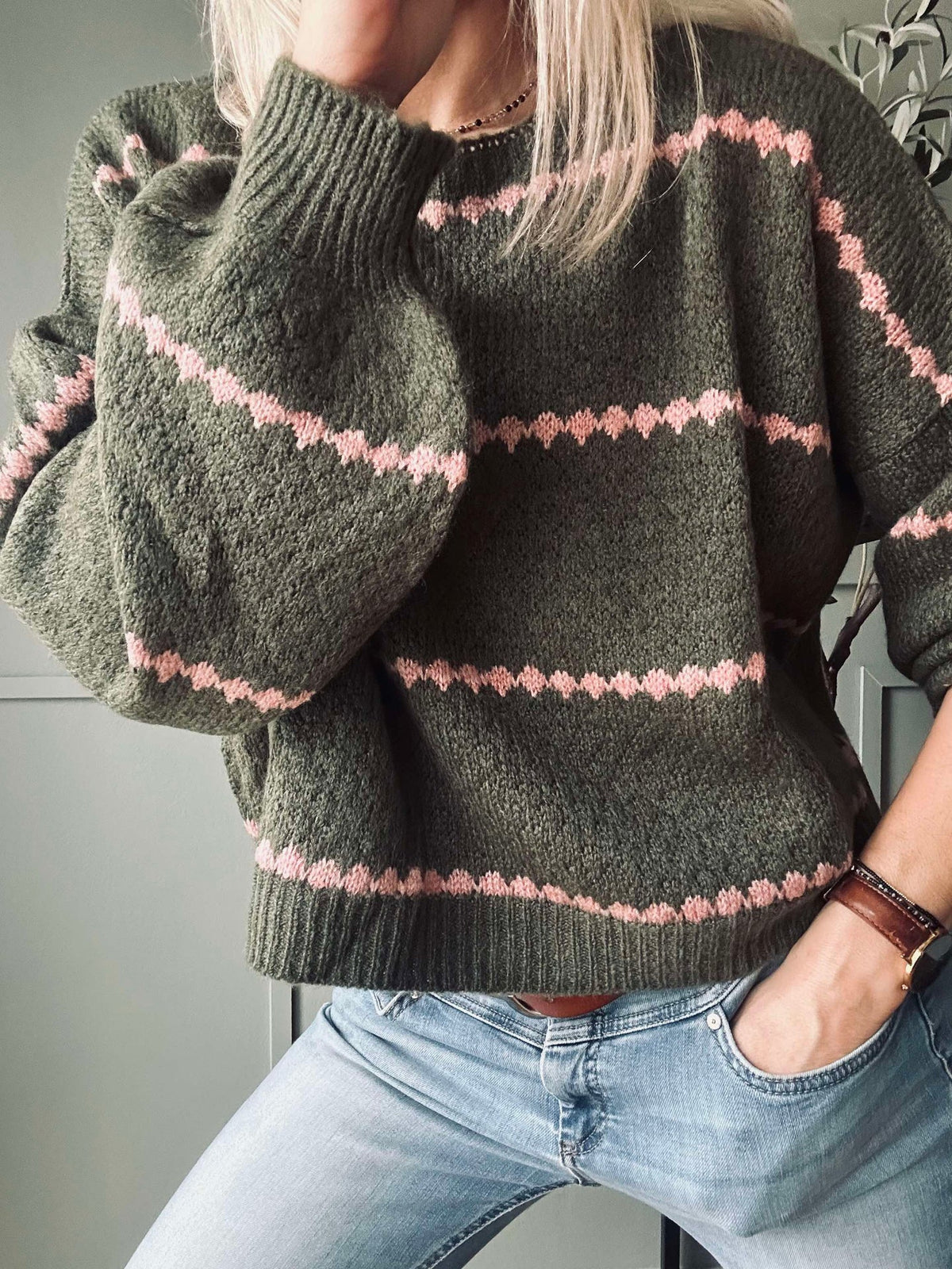 Knit met ballonmouwen - Green / Rose