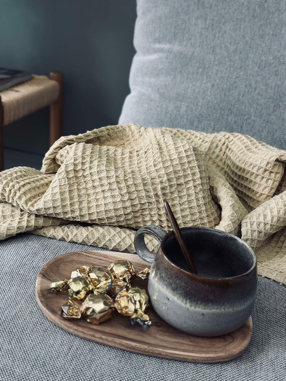 Plaid Stone-washed Wafelkatoen - Geel