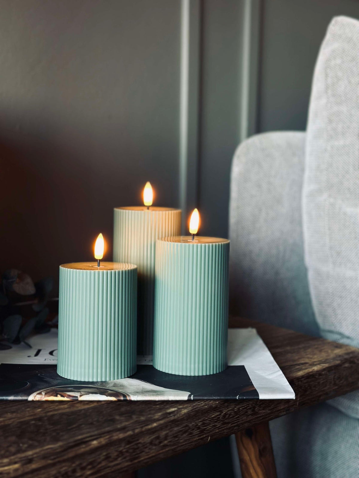 LED buiten Blokkaarsen met ribbels - Set van 3 stuks - Groen
