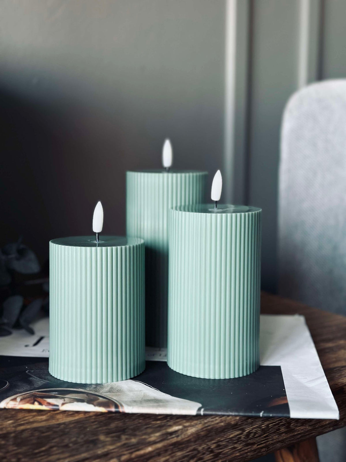 LED buiten Blokkaarsen met ribbels - Set van 3 stuks - Groen
