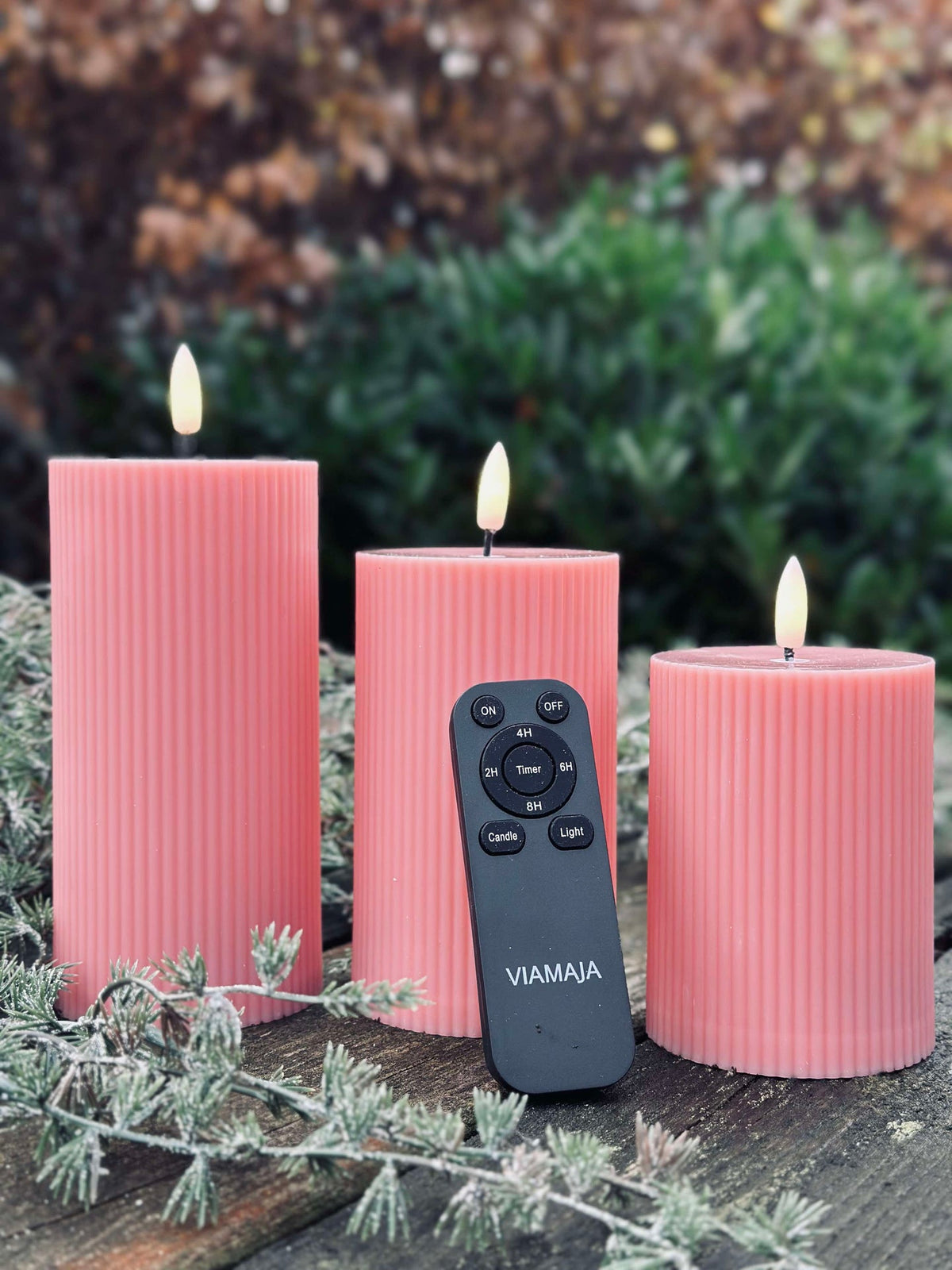 LED buiten blokkaarsen met ribbels - Set van 3 stuks - Roze