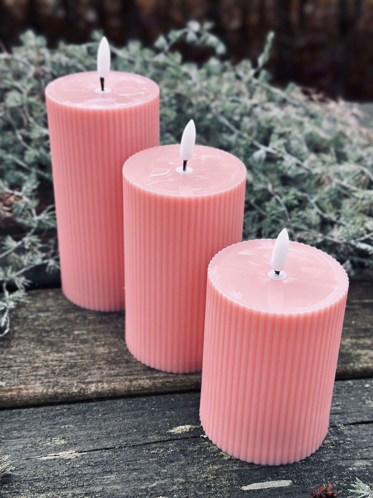 LED buiten blokkaarsen met ribbels - Set van 3 stuks - Roze