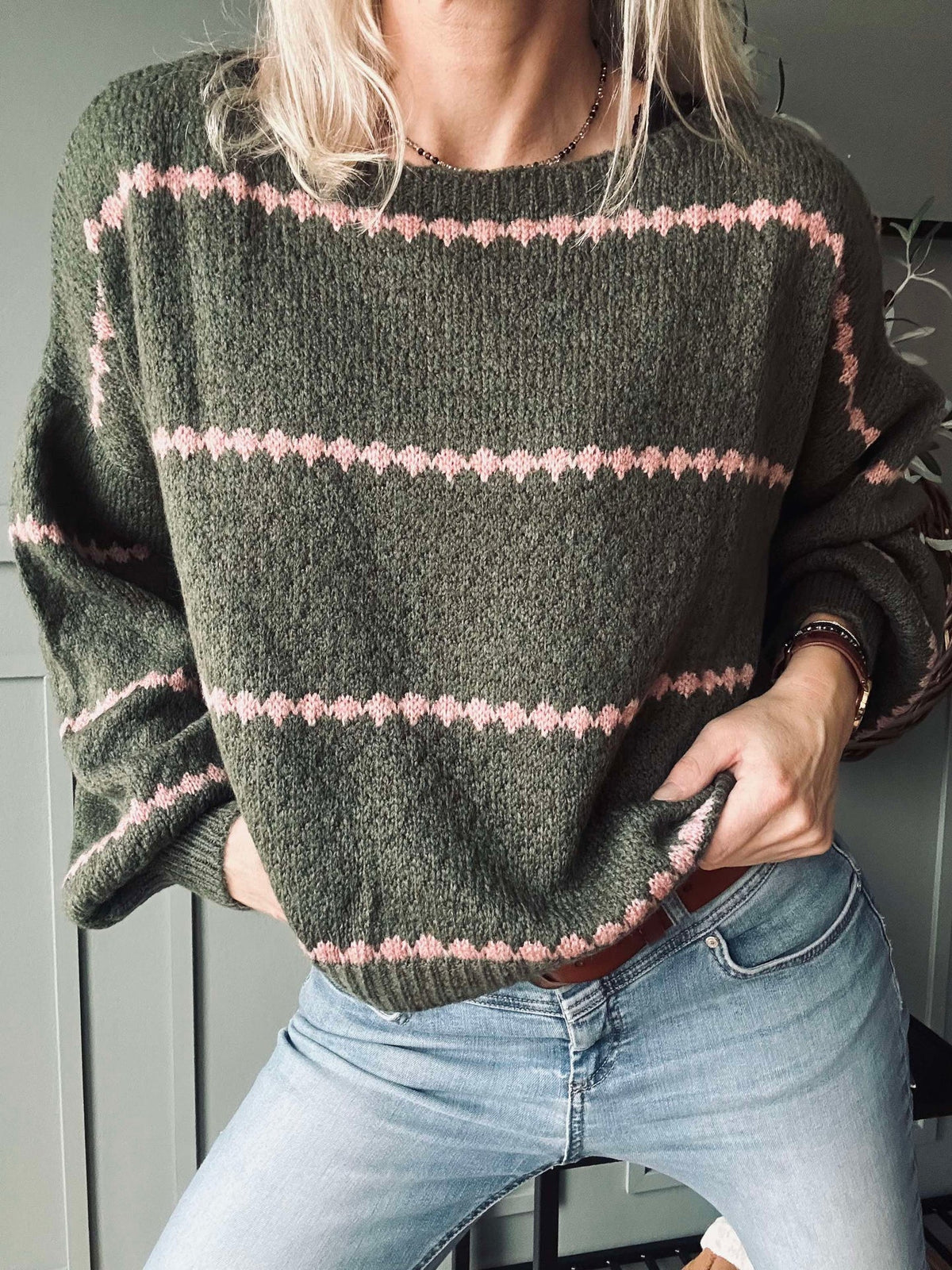 Knit met ballonmouwen - Green / Rose