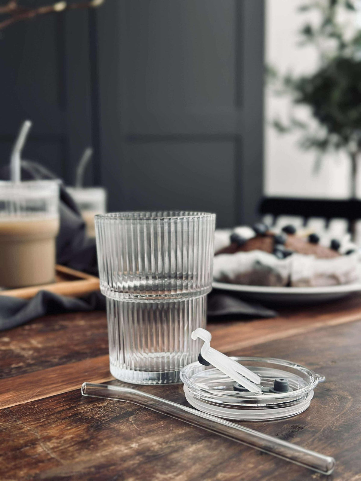 Latteglazen met deksel en rietje - 6 stuks