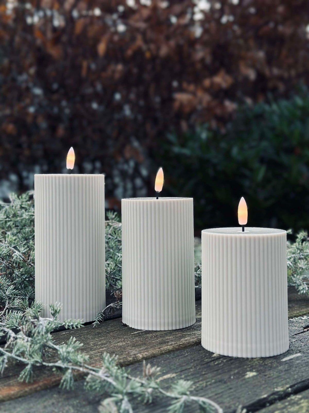 LED buiten Blokkaarsen met ribbels - Set van 3 stuks - Zand