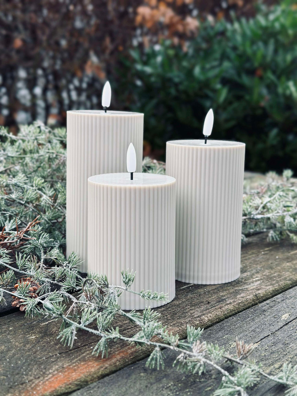 LED buiten Blokkaarsen met ribbels - Set van 3 stuks - Zand