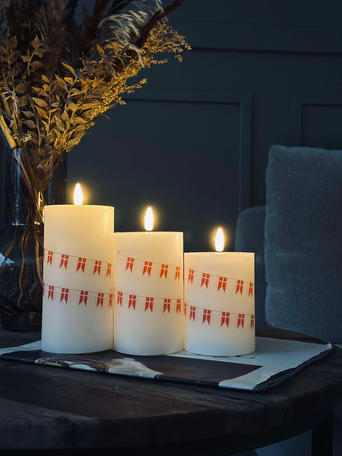 LED stompkaarsen met bloemen – Set van 3 stuks en afstandsbediening