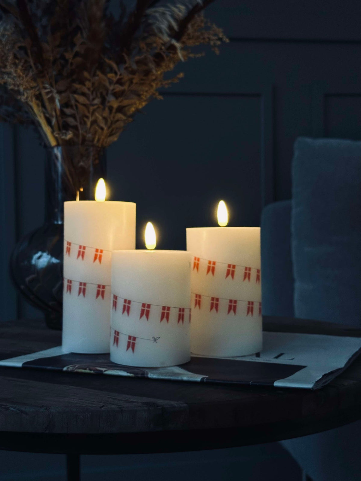LED stompkaarsen met bloemen – Set van 3 stuks en afstandsbediening