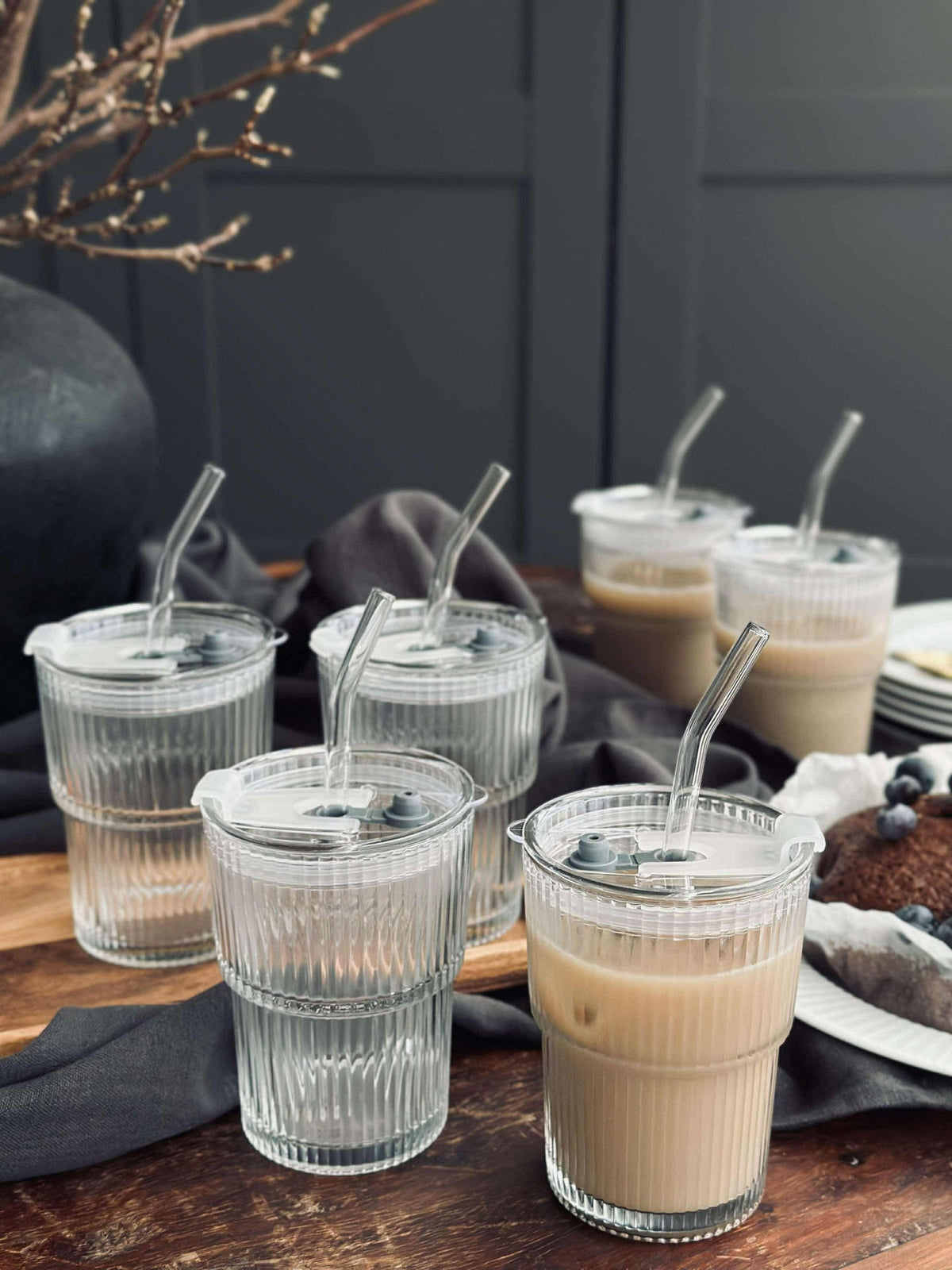 Latteglazen met deksel en rietje - 6 stuks