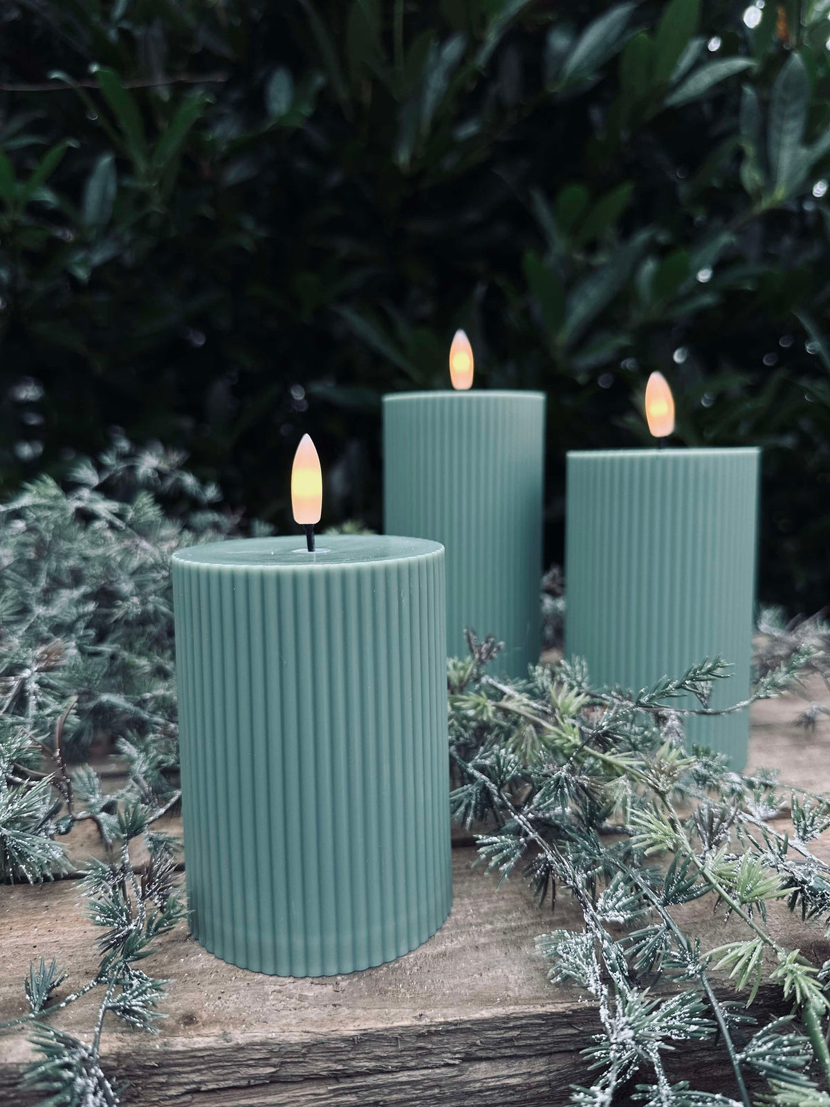 LED buiten Blokkaarsen met ribbels - Set van 3 stuks - Groen