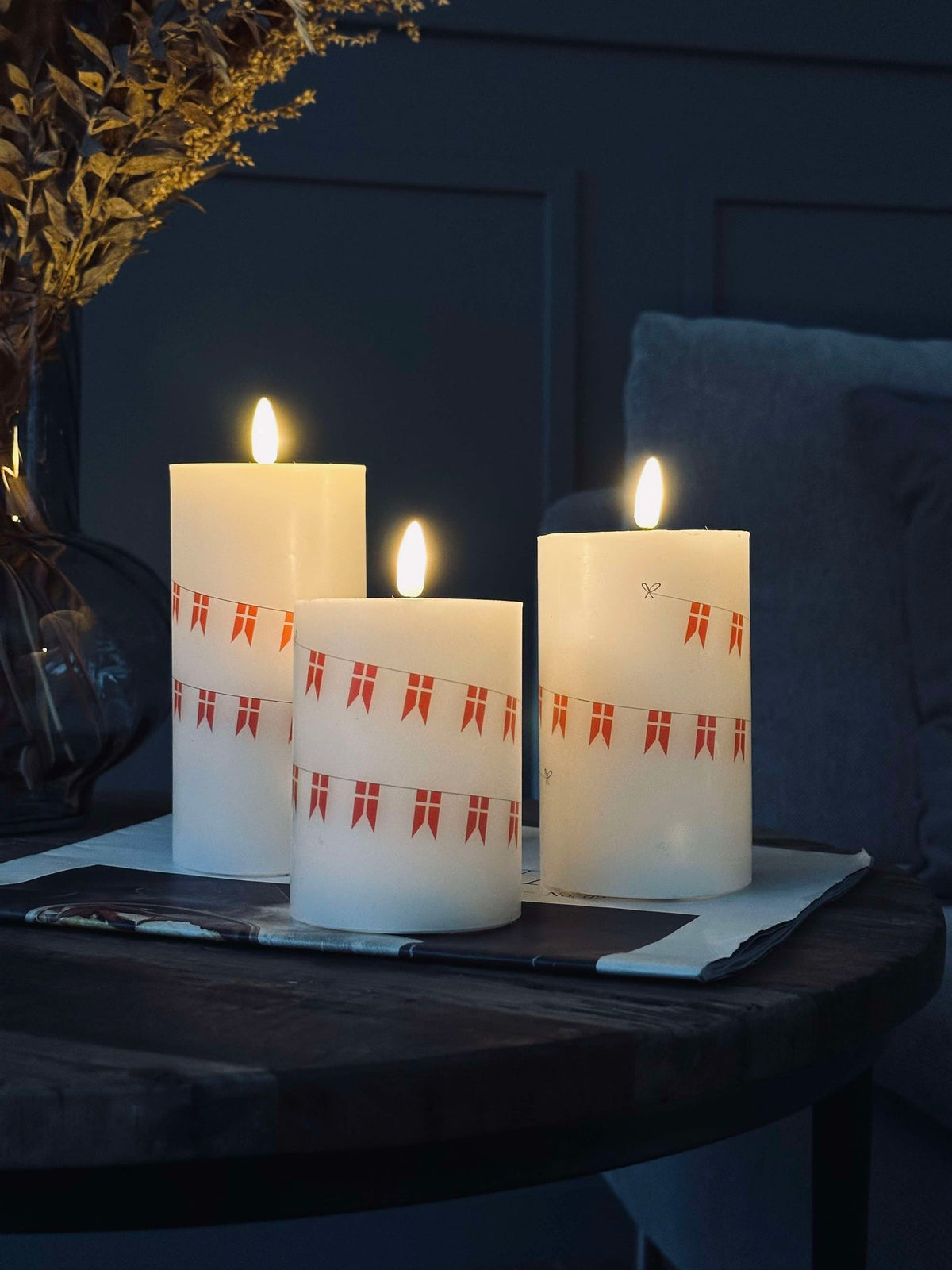 LED stompkaarsen met bloemen – Set van 3 stuks en afstandsbediening