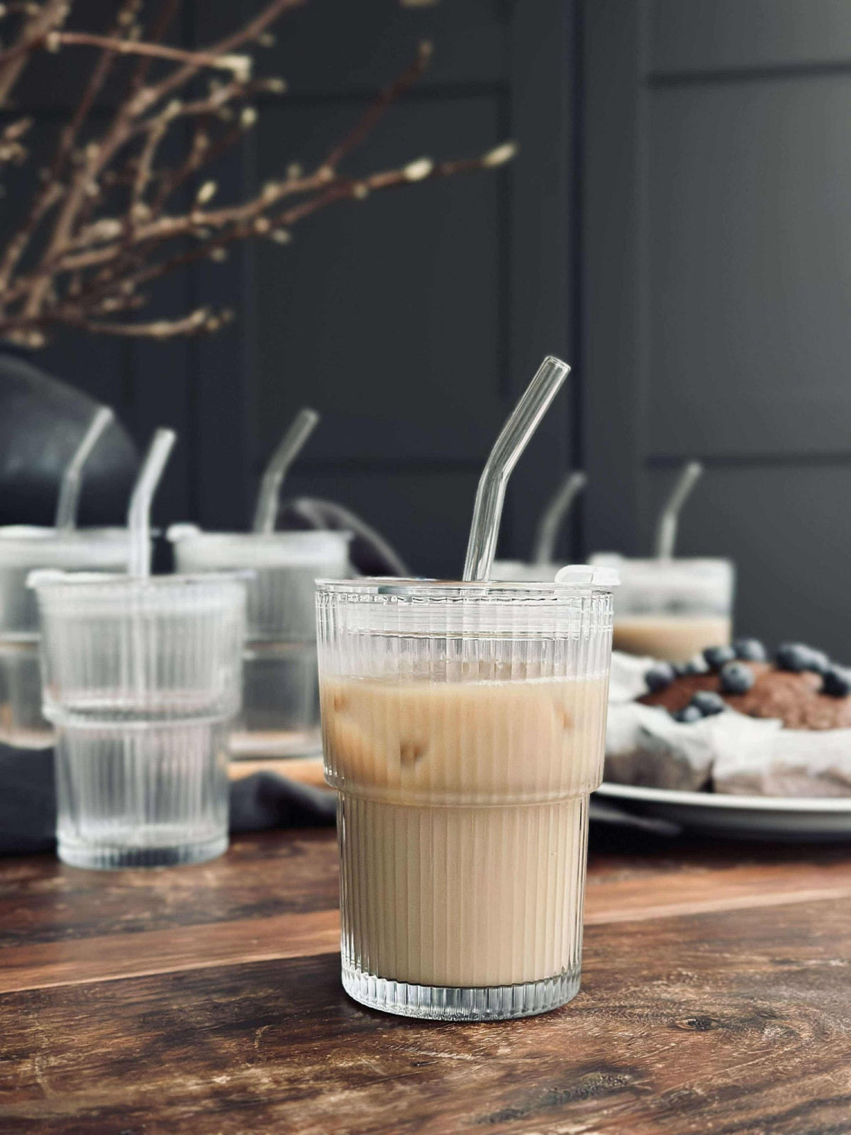 Latteglazen met deksel en rietje - 6 stuks