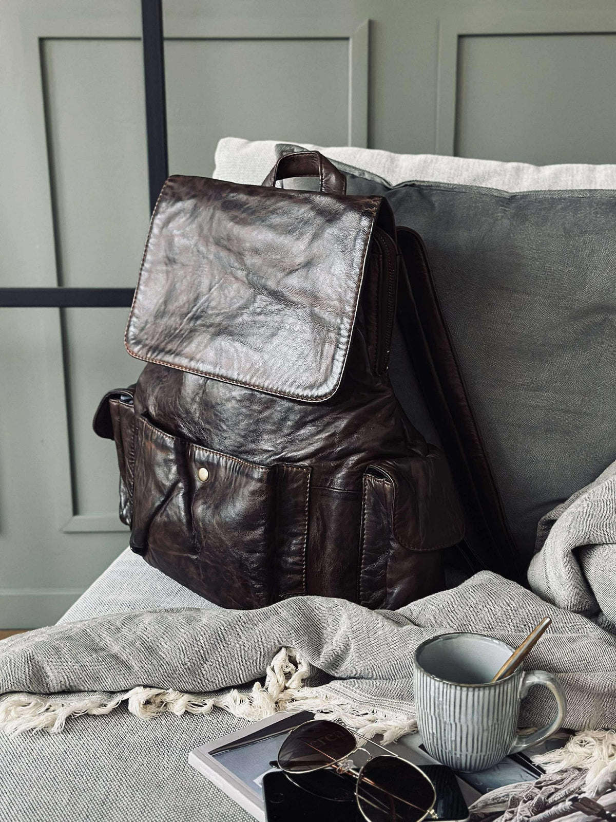 Rugzak met stoer design – Zacht lamsleer bruin