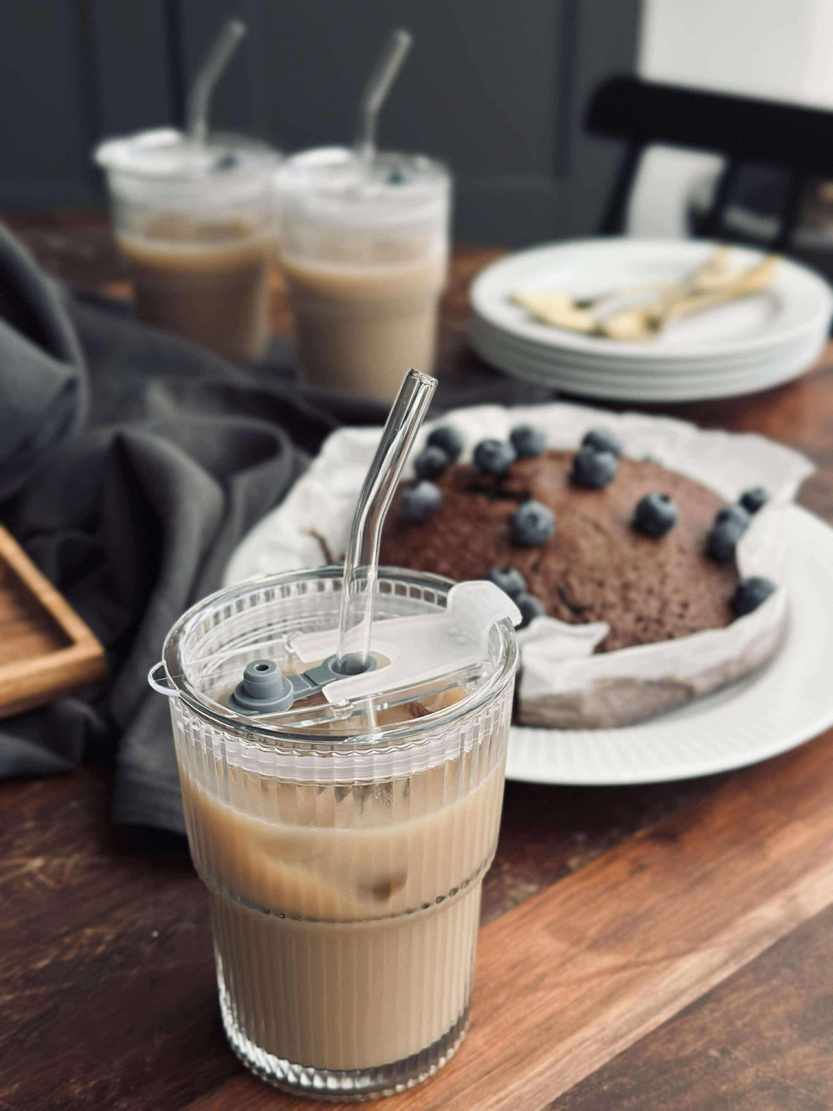 Latteglazen met deksel en rietje - 6 stuks