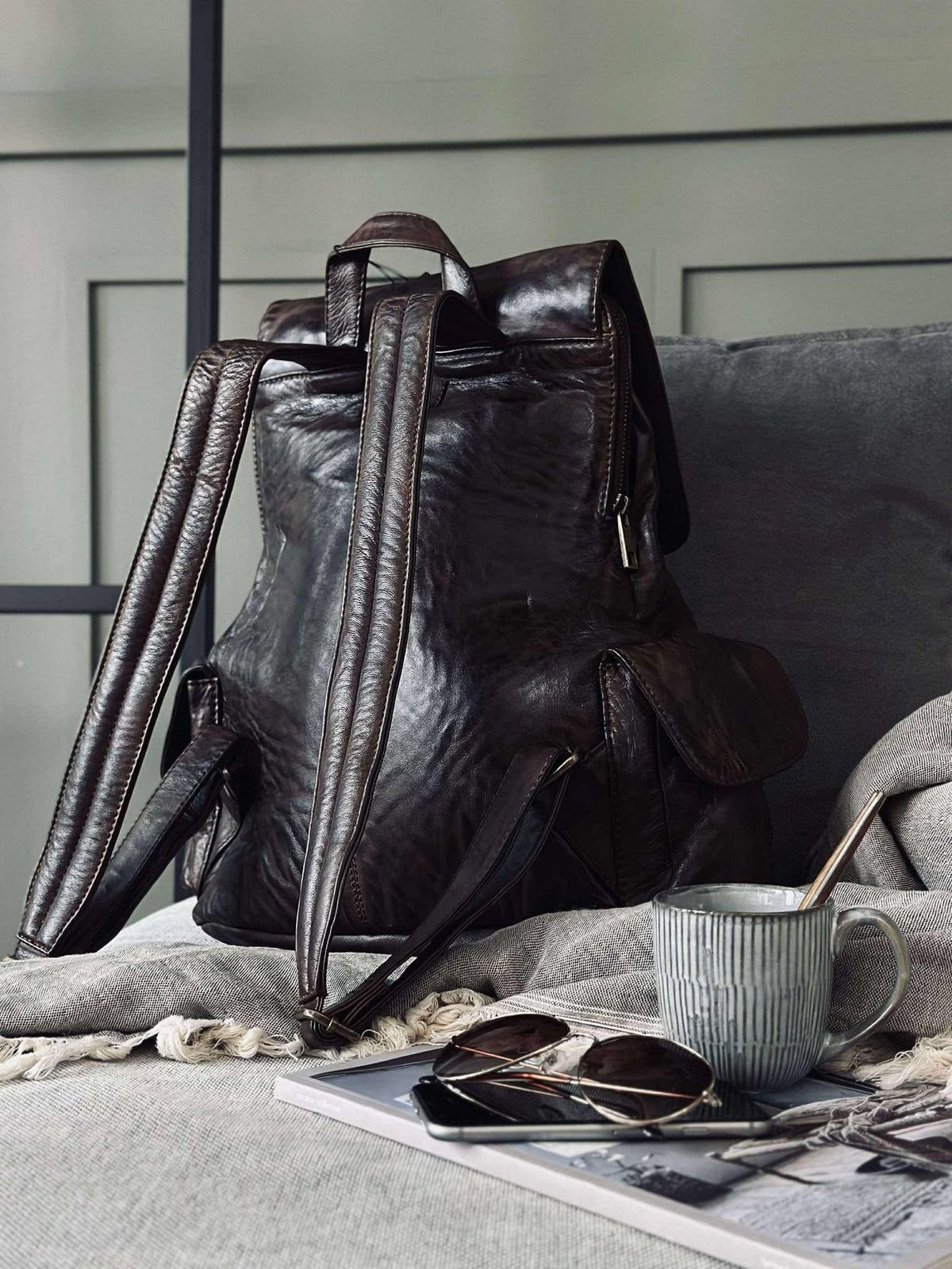 Rugzak met stoer design – Zacht lamsleer bruin