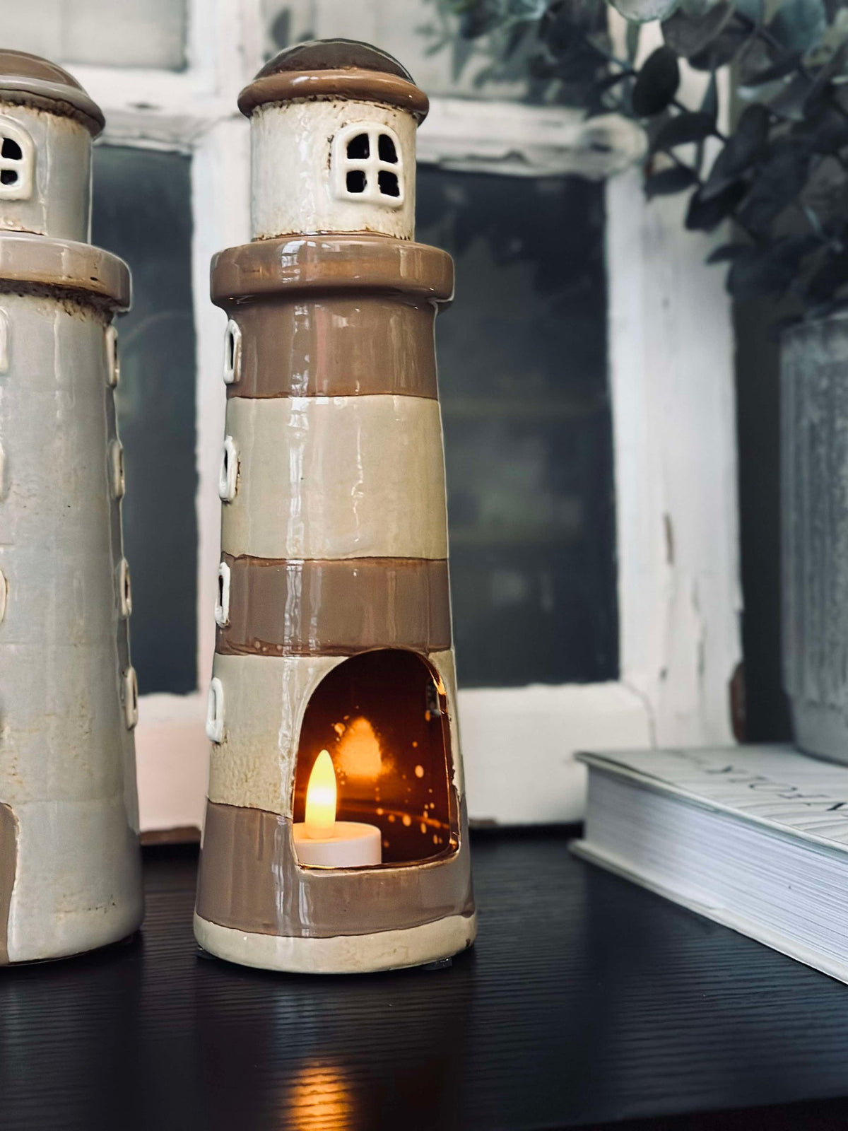 Lichthuis Keramiek - Vuurtoren Beige streep