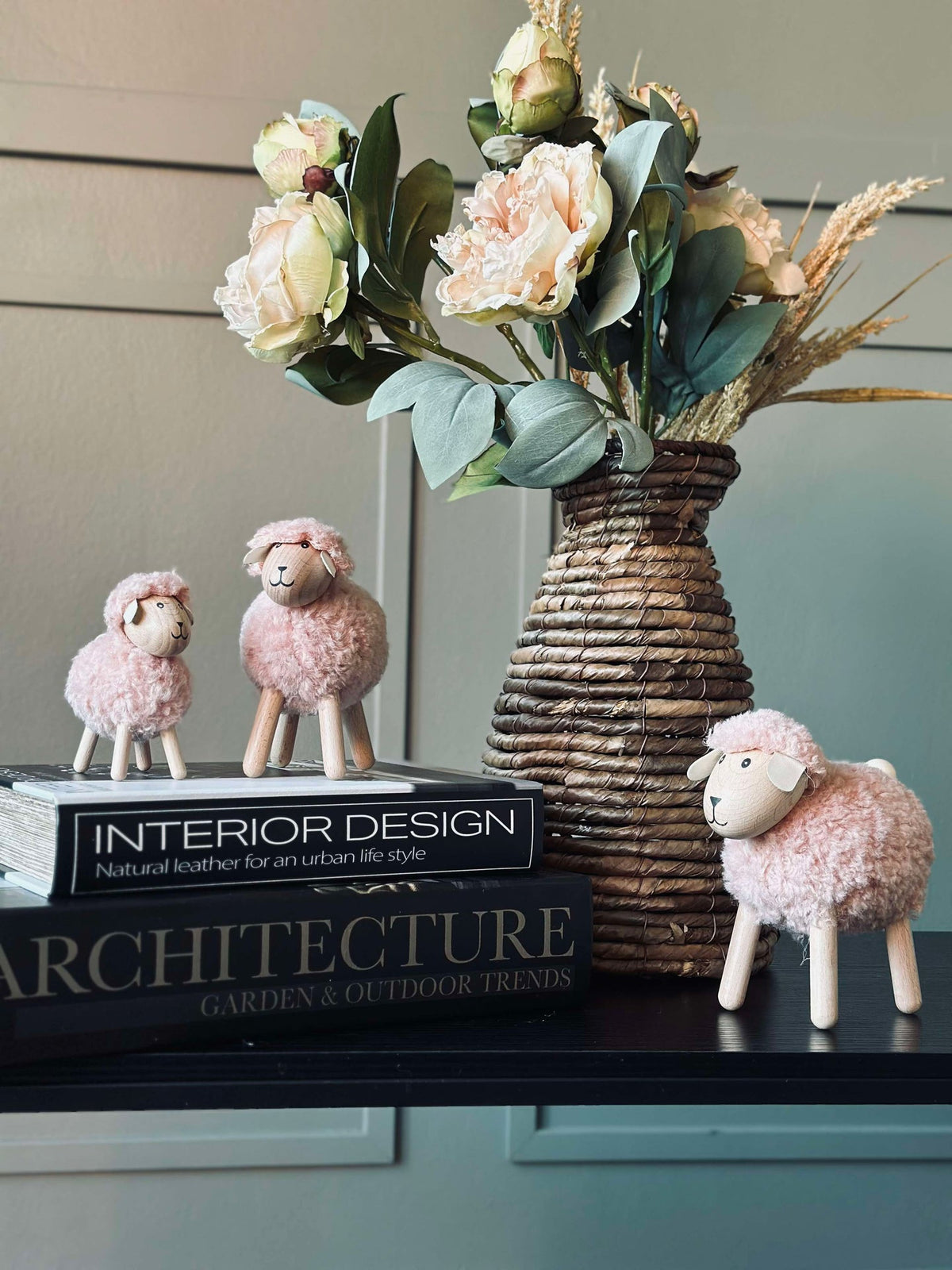 Schaap van hout met vacht - Roze