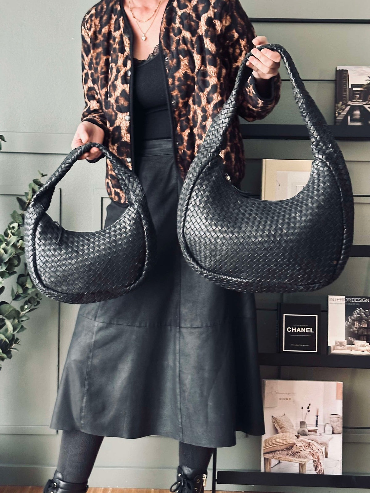 Elegante handgevlochten schoudertas - Black
