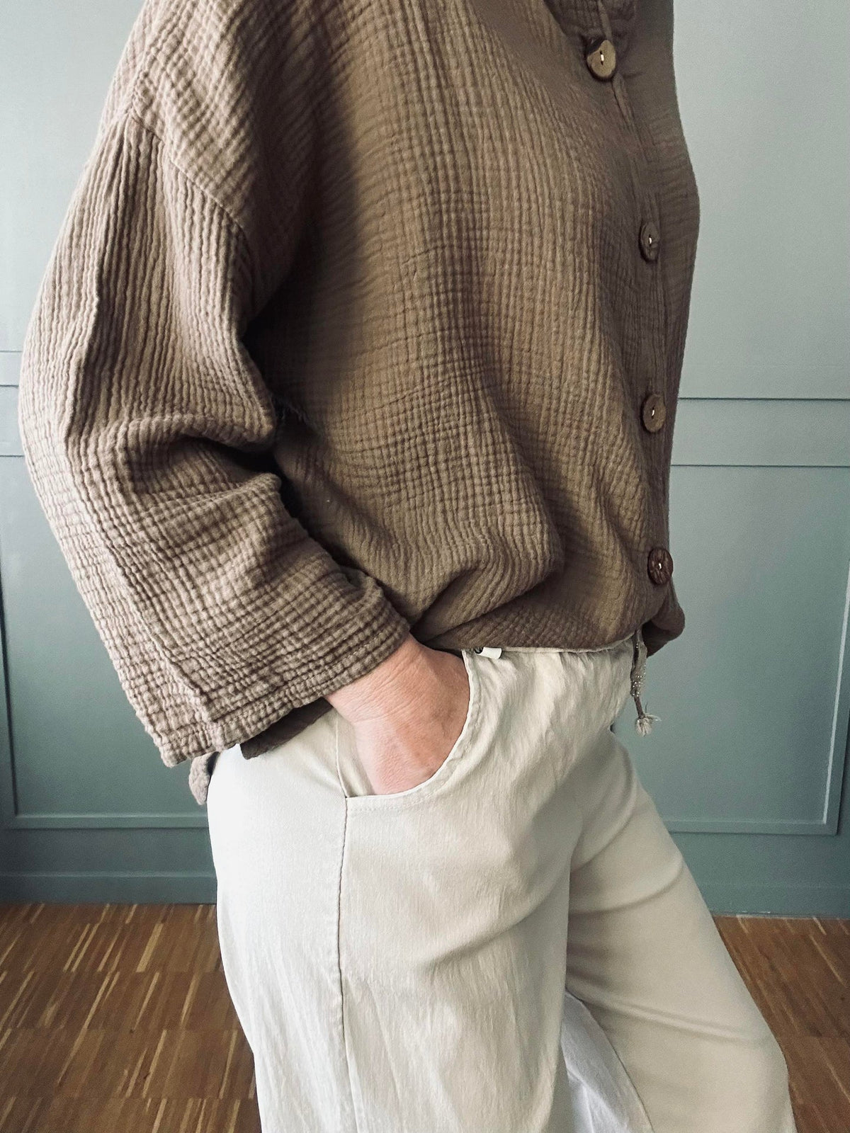 Cardigan van licht wafelkatoen - Brown