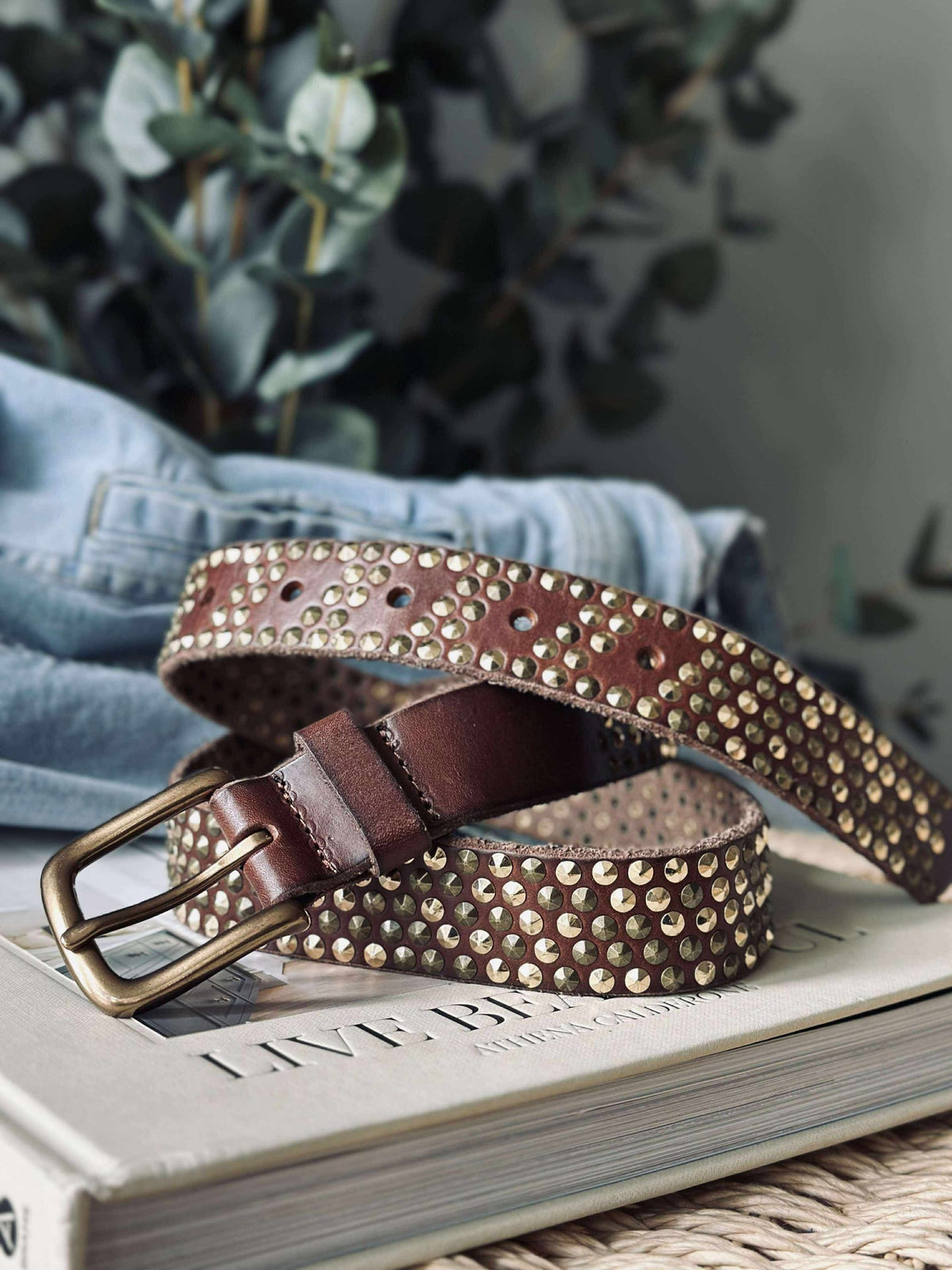 Jeansriem met studs - Brown/ gold