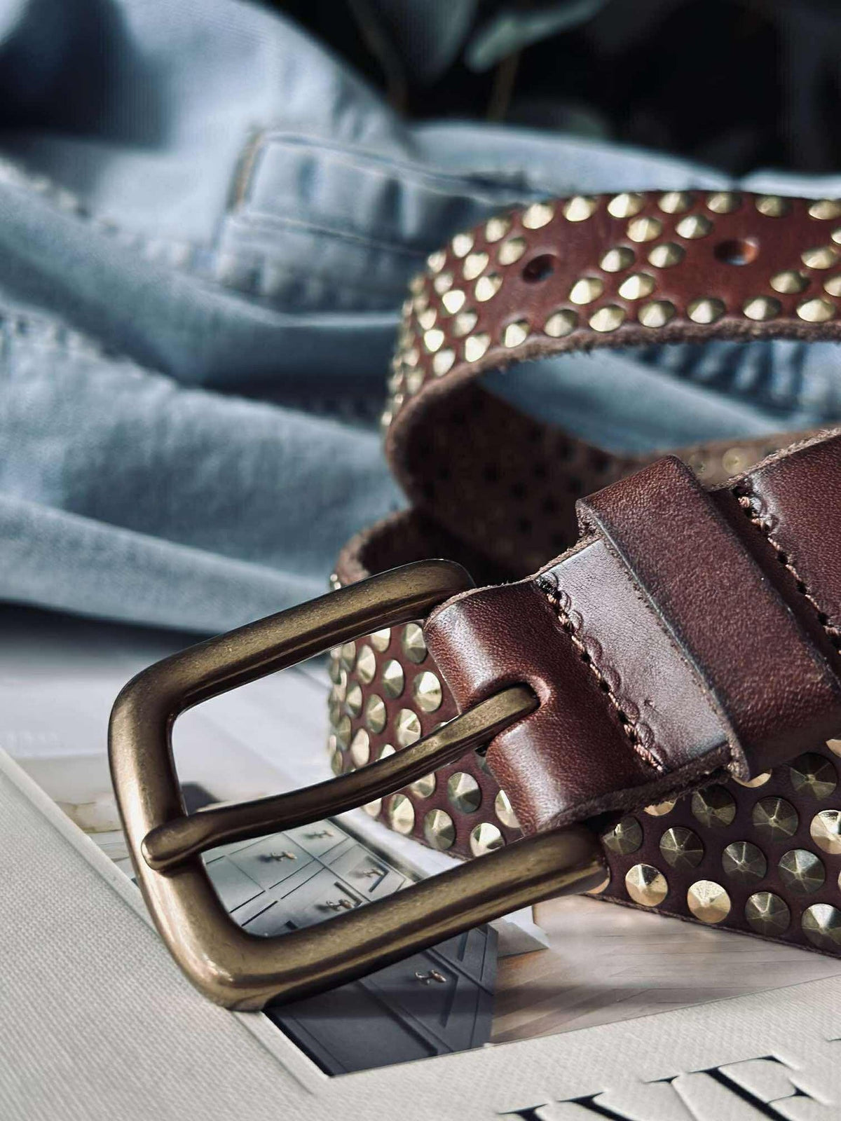 Jeansriem met studs - Brown/ gold