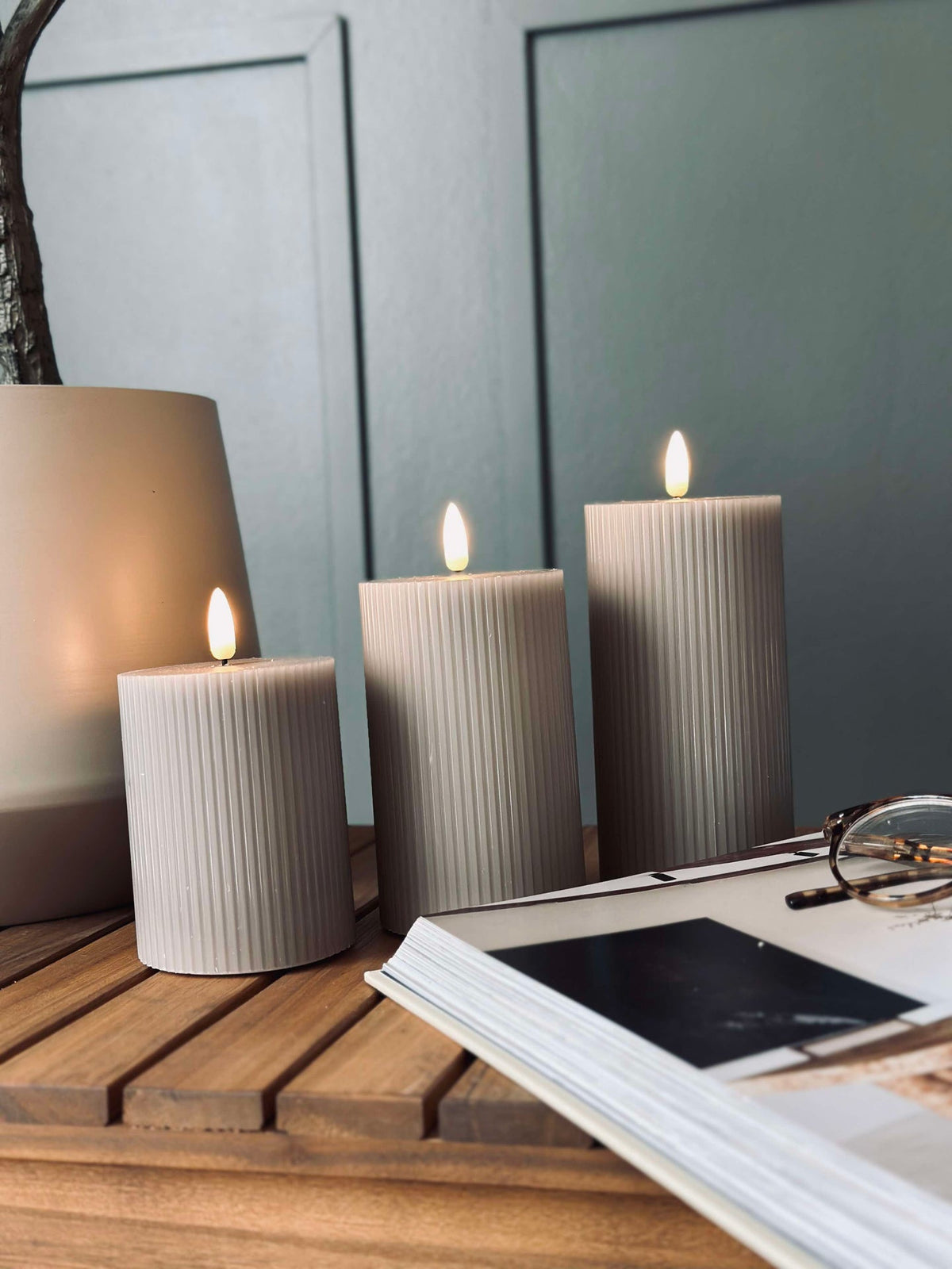 LED Blokkaarsen Zand met groeven - Set van 3 stuks