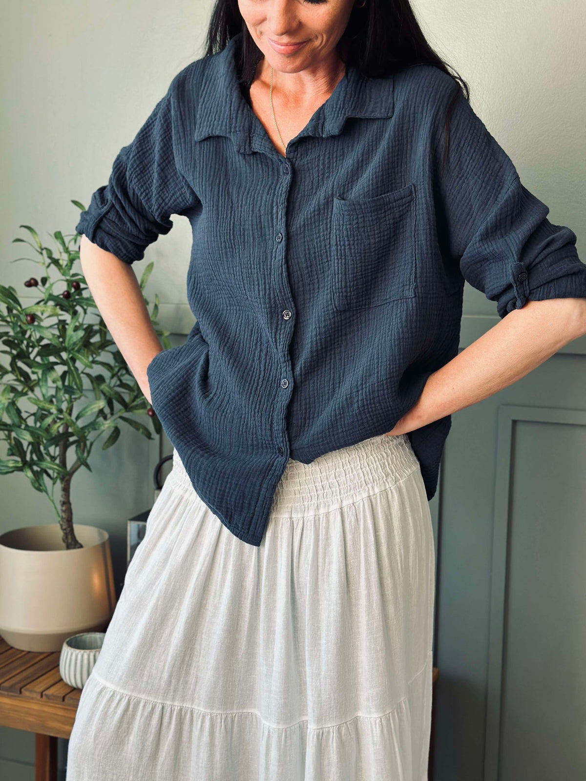 Shirt Lisa - Wafelig katoen – Navy