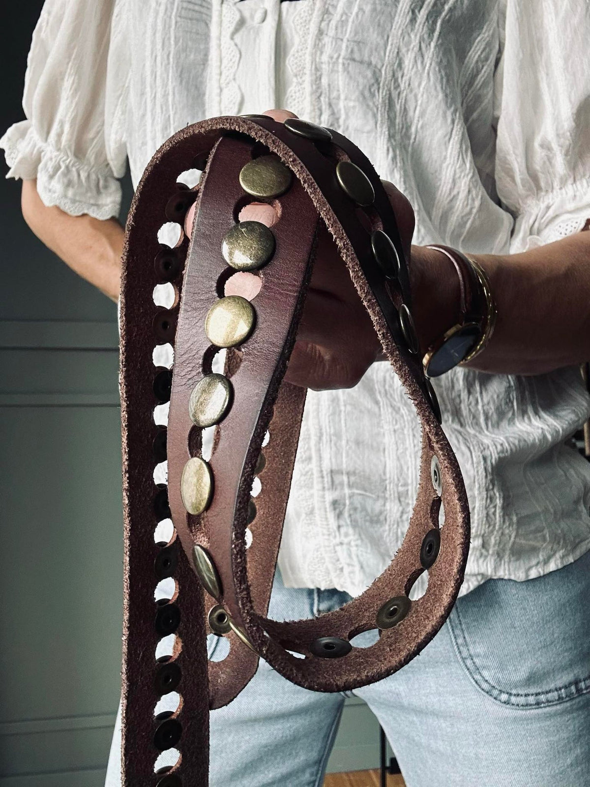 Jeans riem versierd met studs - Brown