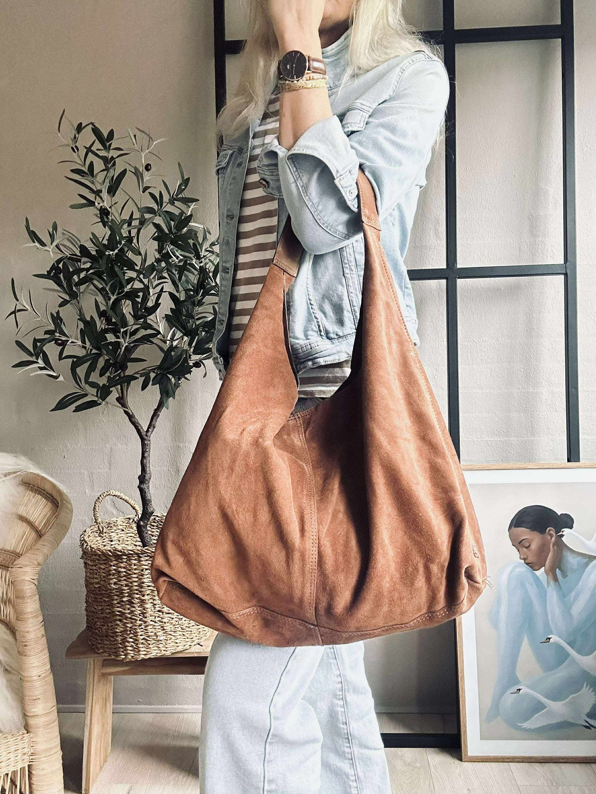 Shopper van zacht suède - Cognac