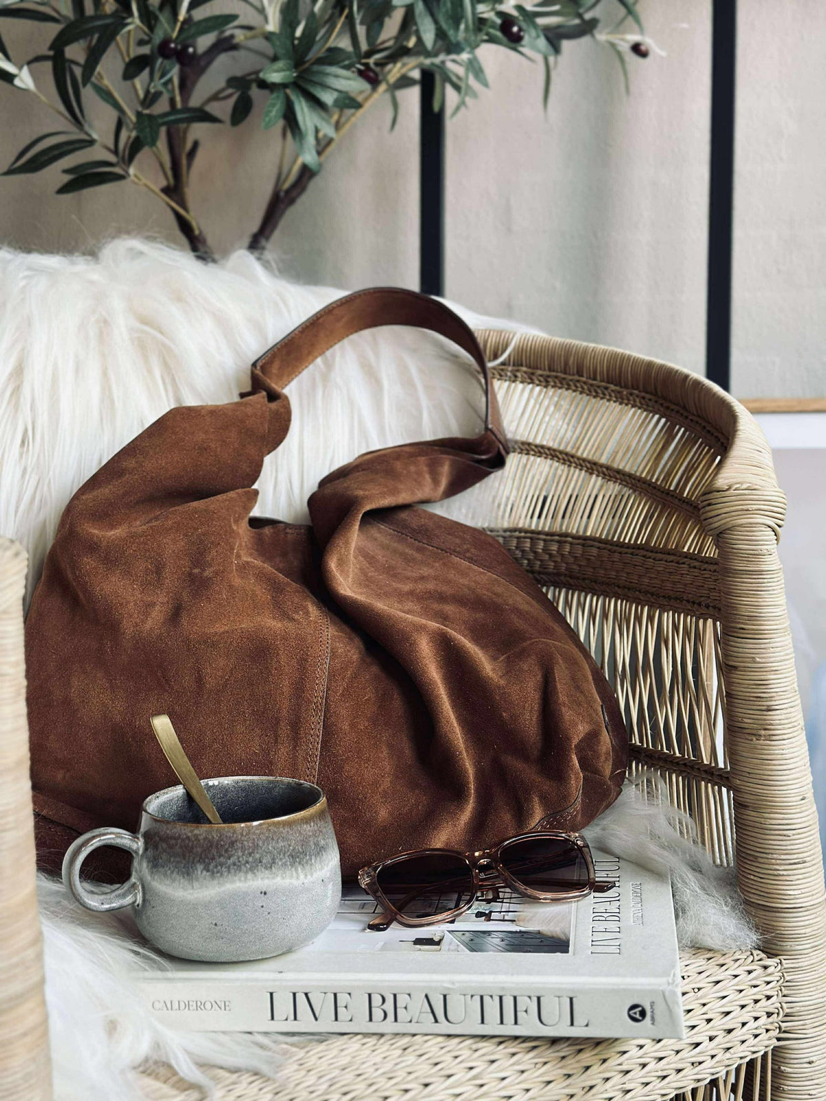 Shopper van zacht suède - Cognac