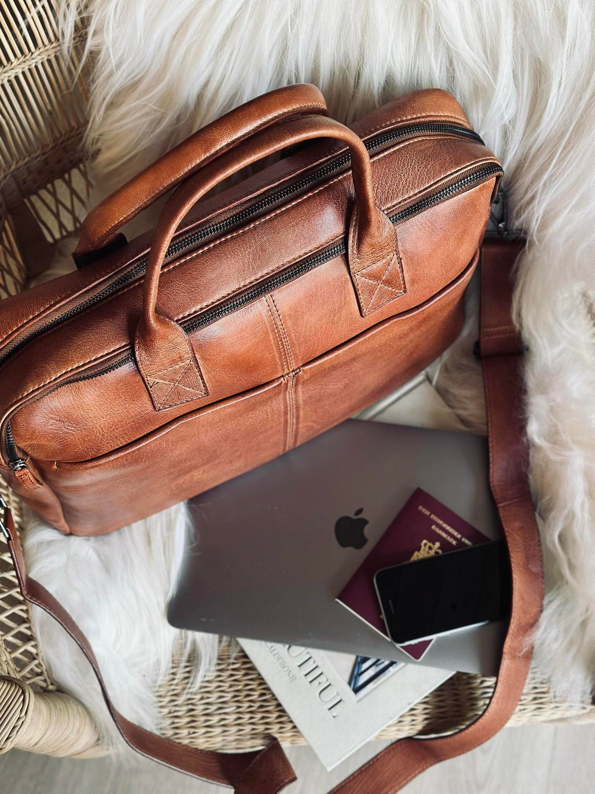 Laptoptas cognac